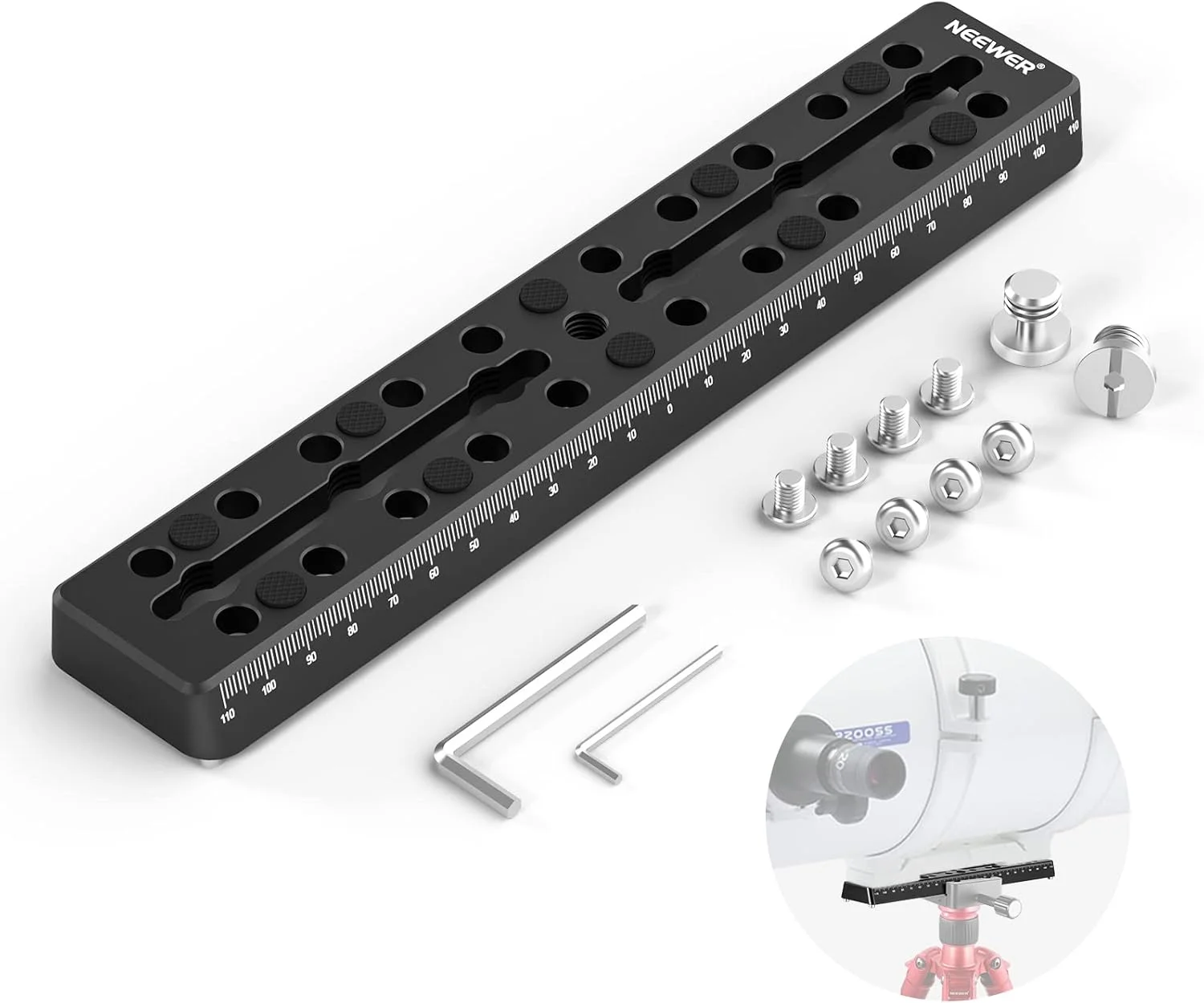 صفحه ریلی دم چلچله ای فلزی NEEWER با طول 230 میلی‌متر، به همراه پیچ‌های M6 1/4 و 3/8 اینچی برای نصب دوربین روی تلسکوپ، آداپتور، سه‌پایه استوایی و عکاسی نجومی مدل QR003