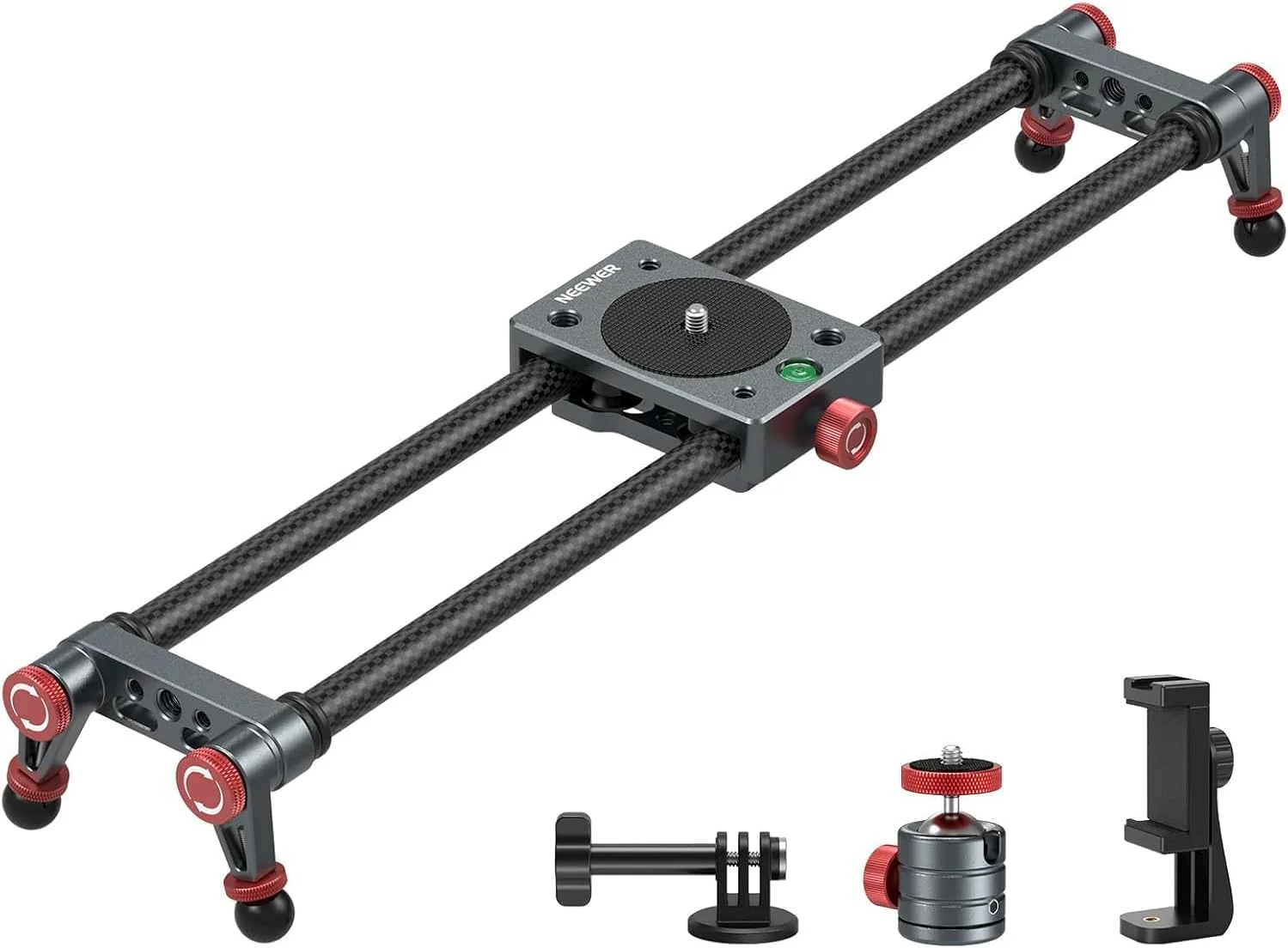 لغزنده دوربین فیبر کربنی NEEWER CS1M 40 سانتی‌متری با مفصل توپی 360 درجه/گیره تلفن/نگهدارنده دوربین اکشن، ریل دالی با 4 بلبرینگ و پایه، سازگار با GoPro Insta360 iPhone Android