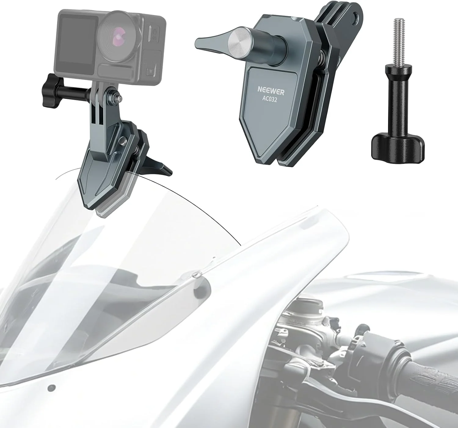 نگهدارنده گیره ای دوربین اکشن روی شیشه موتورسیکلت نیوور، گیره آلیاژ آلومینیوم با آداپتور 3 شاخه و سوراخ پیچ 1/4 اینچی سازگار با آداپتورهای Hero 13 12 DJI Insta360 برای ضبط ویدیو POV، AC032