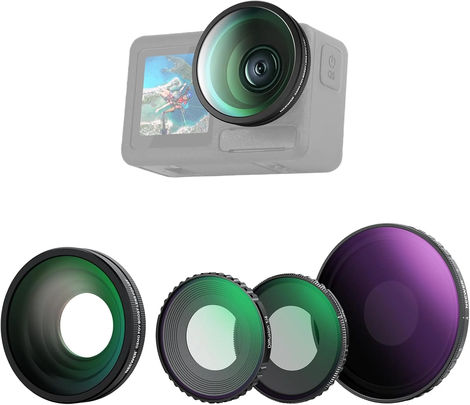 کیت لوازم جانبی لنز و فیلتر ND چهار در یک NEEWER FL-53 سازگار با DJI Osmo Action 5 Pro/4، متغیر ND8-32 + CPL + Black Diffusion 1/4 + لنز زاویه باز 185 درجه، قابل پیچ شدن، شیشه نوری HD
