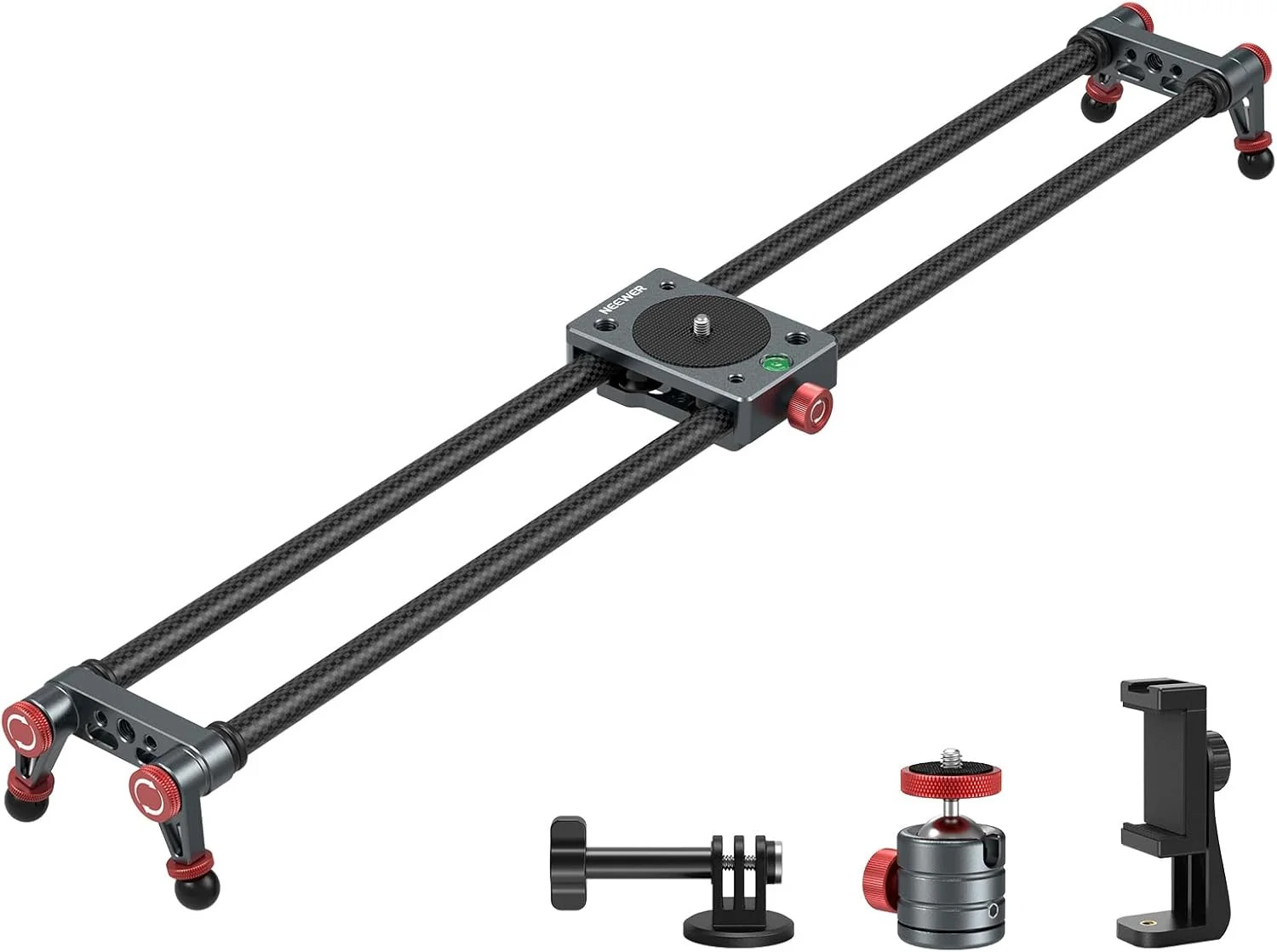 لغزنده دوربین فیبر کربنی NEEWER 60 سانتی‌متری با هد توپی 360 درجه، گیره تلفن، پایه دوربین اکشن، ریل دالی با 4 بلبرینگ و پایه‌های قابل تنظیم، سازگار با GoPro Insta360 iPhone Android، مدل CS2M