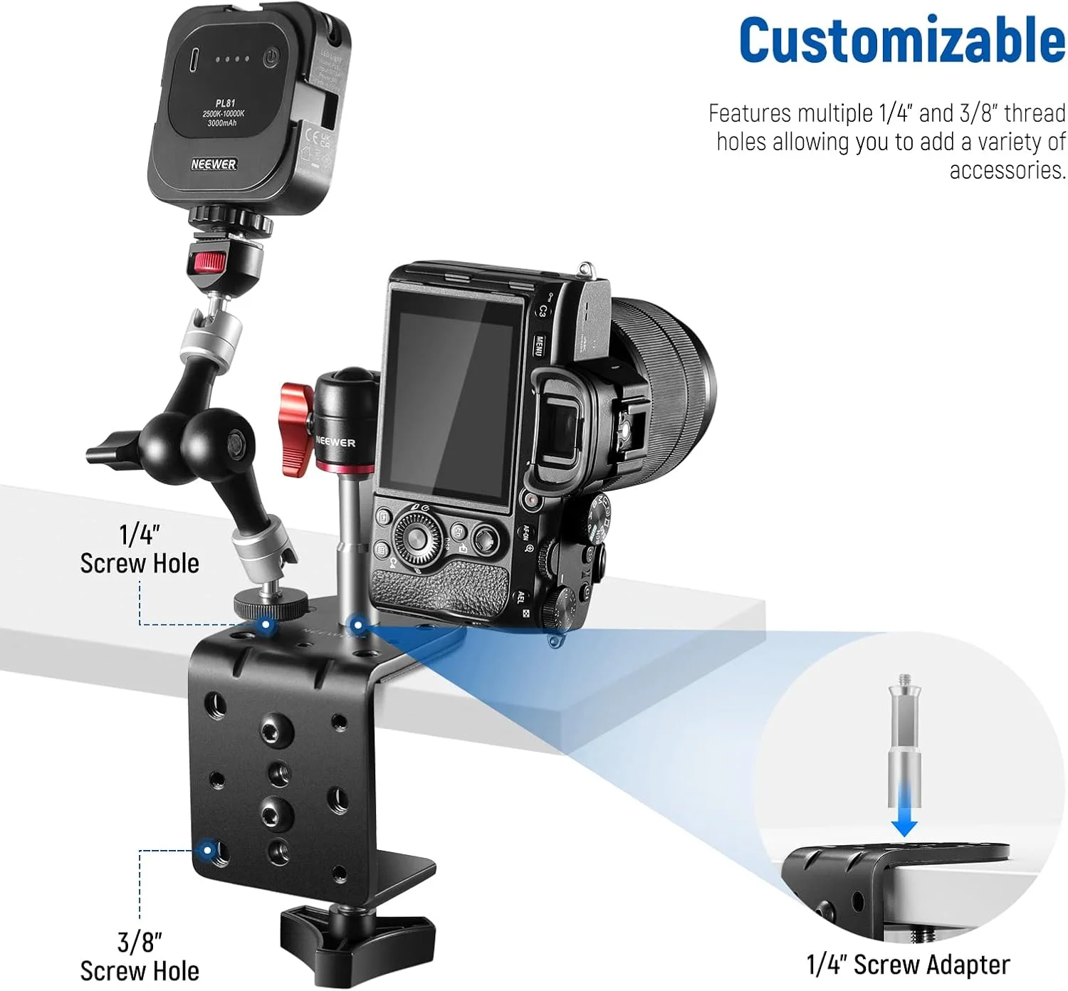 گیره رومیزی سنگین فلزی نیور با ستون نصب برای پایه، گیره رومیزی قابل تنظیم با رزوه های 1/4 و 3/8 اینچ برای دوربین فیلمبرداری LED حلقه ای، حداکثر بار 20 کیلوگرم، ST-CCD1