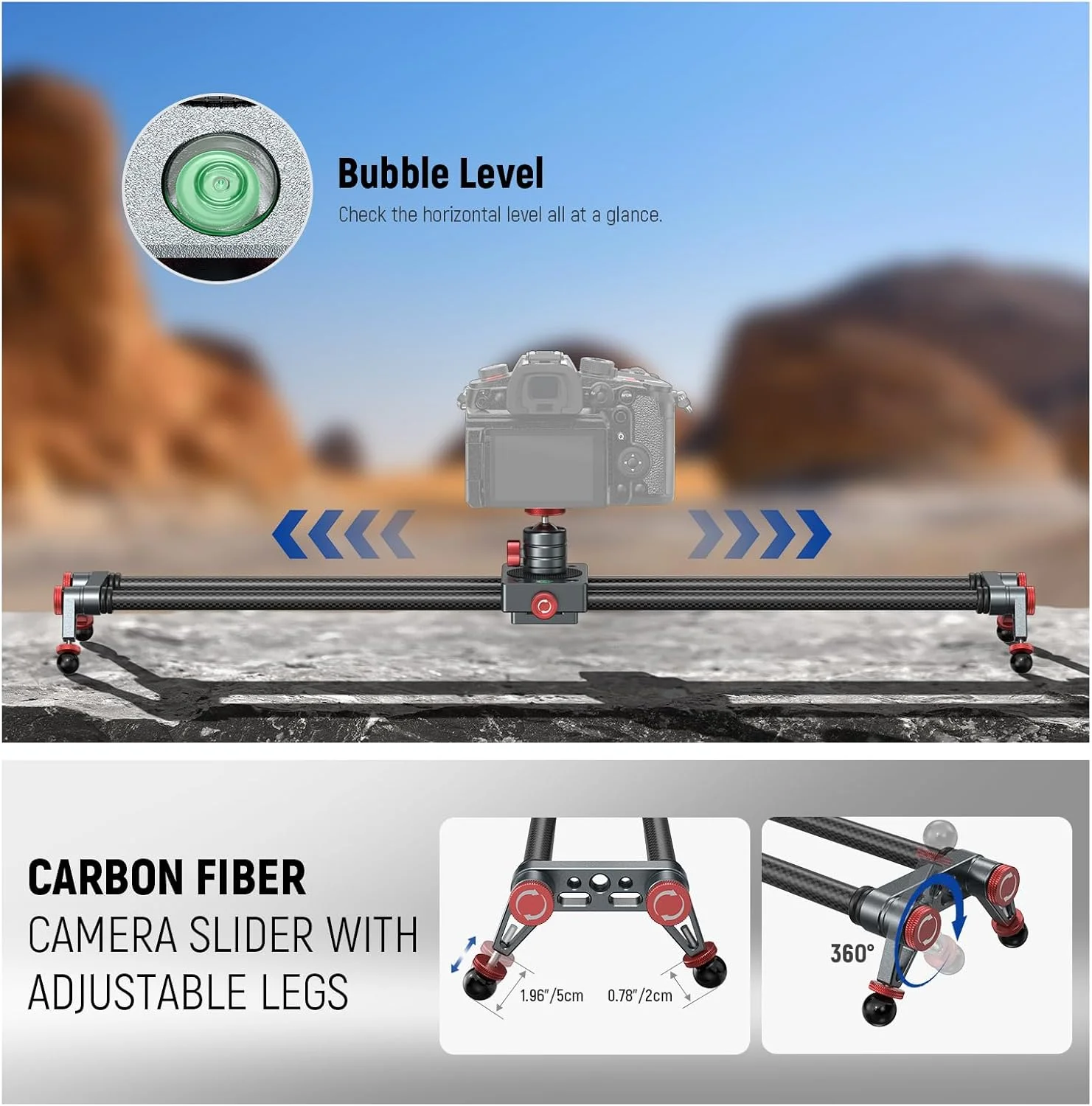 لغزنده دوربین فیبر کربنی NEEWER 60 سانتی‌متری با هد توپی 360 درجه، گیره تلفن، پایه دوربین اکشن، ریل دالی با 4 بلبرینگ و پایه‌های قابل تنظیم، سازگار با GoPro Insta360 iPhone Android، مدل CS2M