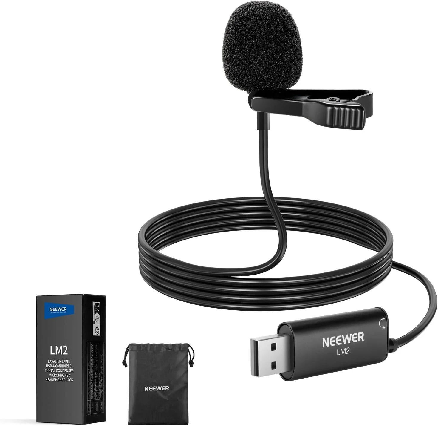 میکروفون یقه‌ای USB نیور، میکروفون لاوالیر گیره‌ای مینی همه جهته با قابلیت اتصال و پخش با جک هدفون مانیتورینگ 3.5 میلی‌متری برای USB 2.0 مک ویندوز PC لپ‌تاپ کامپیوتر یوتیوب اسکایپ پادکست گیمینگ، LM2