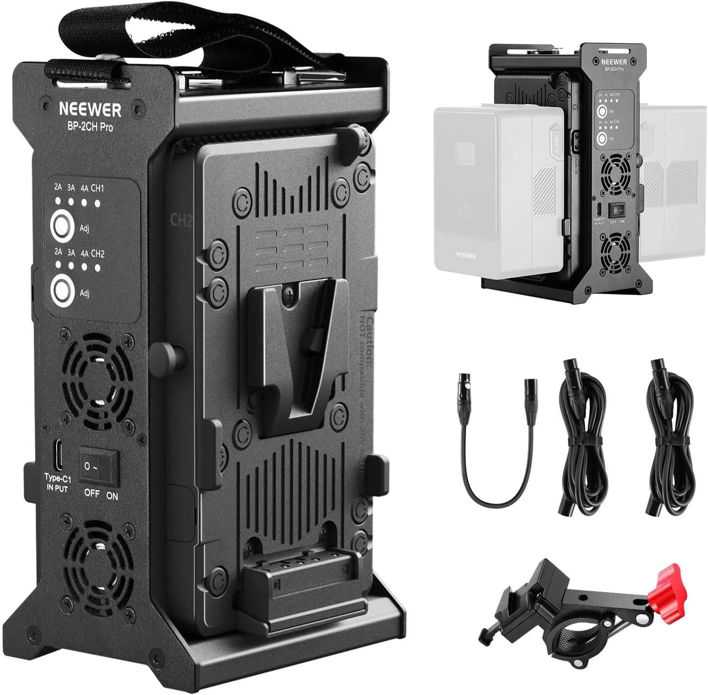 شارژر باتری وی مانت دو کاناله نیور با شارژ سریع 100 واتی PD USB C، خروجی های DC 48V/DC24V/100W PD/D TAP، شارژر فلزی چند منظوره سازگار با SmallRig PS099E VB99، BP-2CH Pro