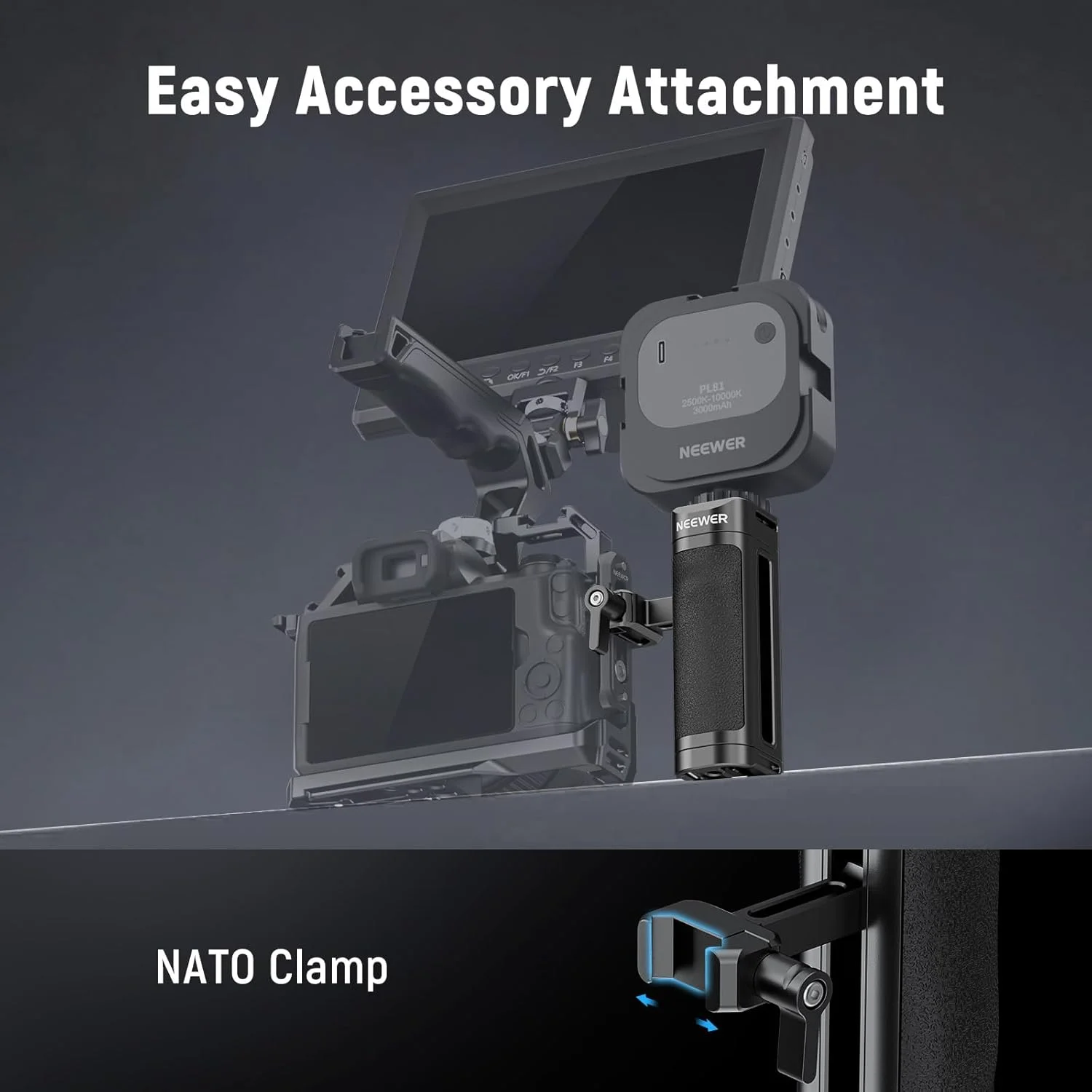 دستگیره جانبی ناتو کوچک نیور، دسته جانبی قفس دوربین سبک وزن با دستگیره سیلیکونی کانتور شده، گیره ناتو، رزوه 1/4 اینچی، کفشک سرد، تنظیم عمودی، سازگار با قفس های نیور و SmallRig، مدل CA068H