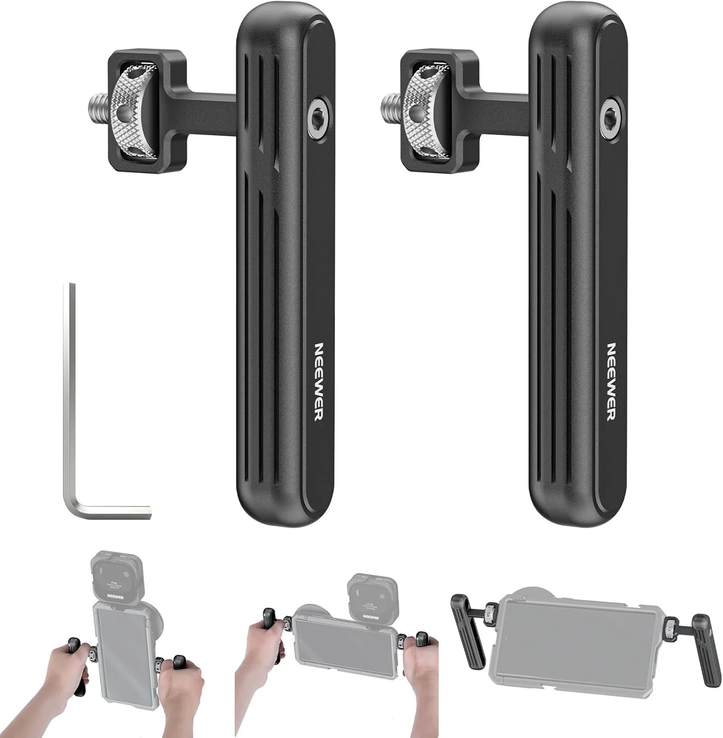 دسته جانبی چرخان/دسته بالایی NEEWER PA026 برای تجهیزات فیلمبرداری موبایل، دسته‌های آلومینیومی با پیچ‌های 1/4 اینچی، سازگار با قفس تثبیت کننده تلفن همراه برای ضبط ویدیو، بسته