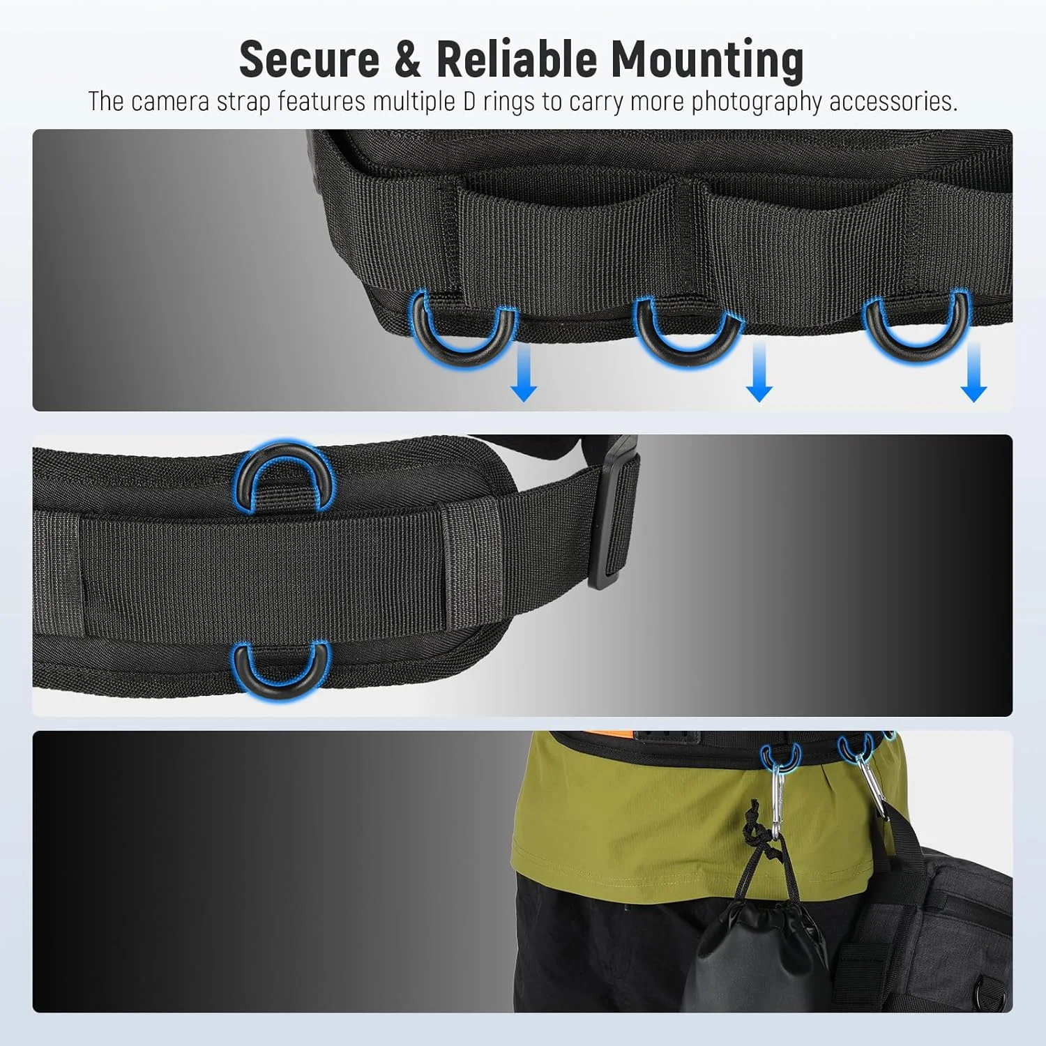 کمربند کمری چند منظوره دوربین نیور، بند دوربین برای عکاسان، کمربند قابل تنظیم و تنفسی با حلقه های D برای کیف دوربین DSLR، کیف لنز، سه پایه، لوازم جانبی عکاسی، CA151 مشکی