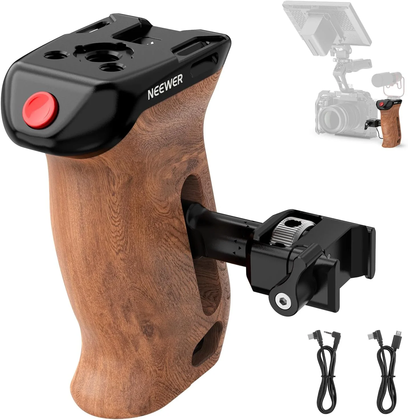 دسته چوبی جانبی Neewer با گیره NATO و دکمه شروع/توقف ضبط از راه دور، دارای رزوه های 1/4 و 3/8 اینچ، قابلیت تنظیم عمودی، تحمل وزن 10 کیلوگرم، سازگار با قفس دوربین SmallRig، سونی، فوجی فیلم، پاناسونیک، مدل CA123