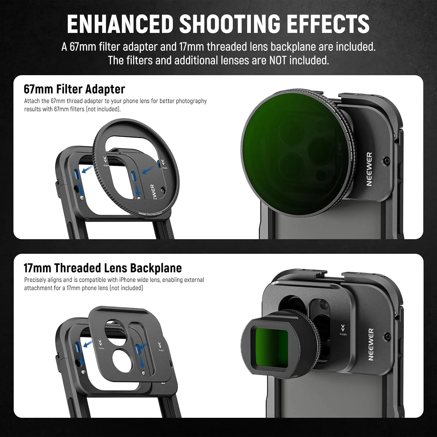 پایه نگهدارنده گوشی موبایل NEEWER 15 Pro Max با آداپتور فیلتر 67 میلی‌متری، صفحه پشتی لنز 17 میلی‌متری، کفشک سرد، مانت سه‌پایه 1/4 اینچی، پارچه تمیز کننده، تثبیت کننده فلزی گوشی برای ضبط ویدیو TikTok، PA024