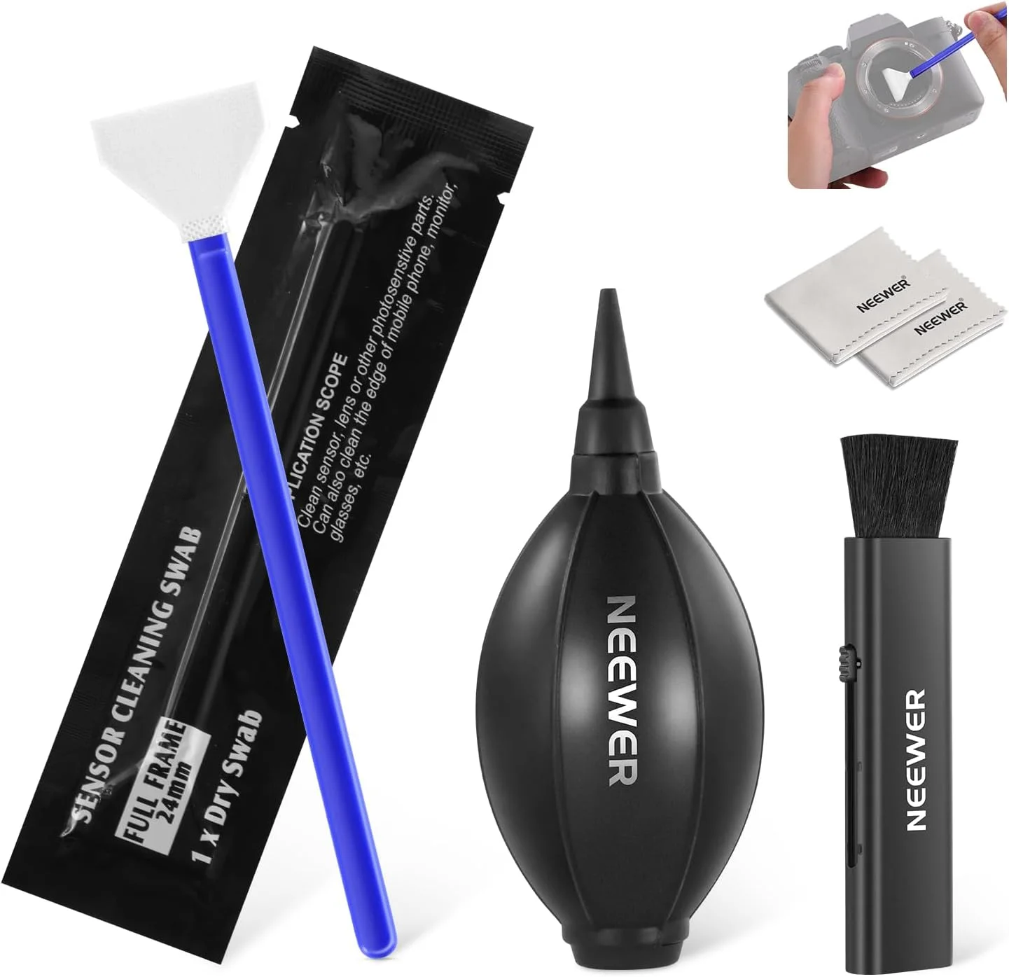 مجموعه تمیز کننده لنز دوربین 5 در 1 نیوئر شامل قلم برس لنز، دمنده هوا، سواب حسگر فول فریم 24 میلی متری و دو عدد پارچه تمیز کننده، مناسب برای لوازم الکترونیکی، تلفن های هوشمند و تبلت ها، مدل HM-43