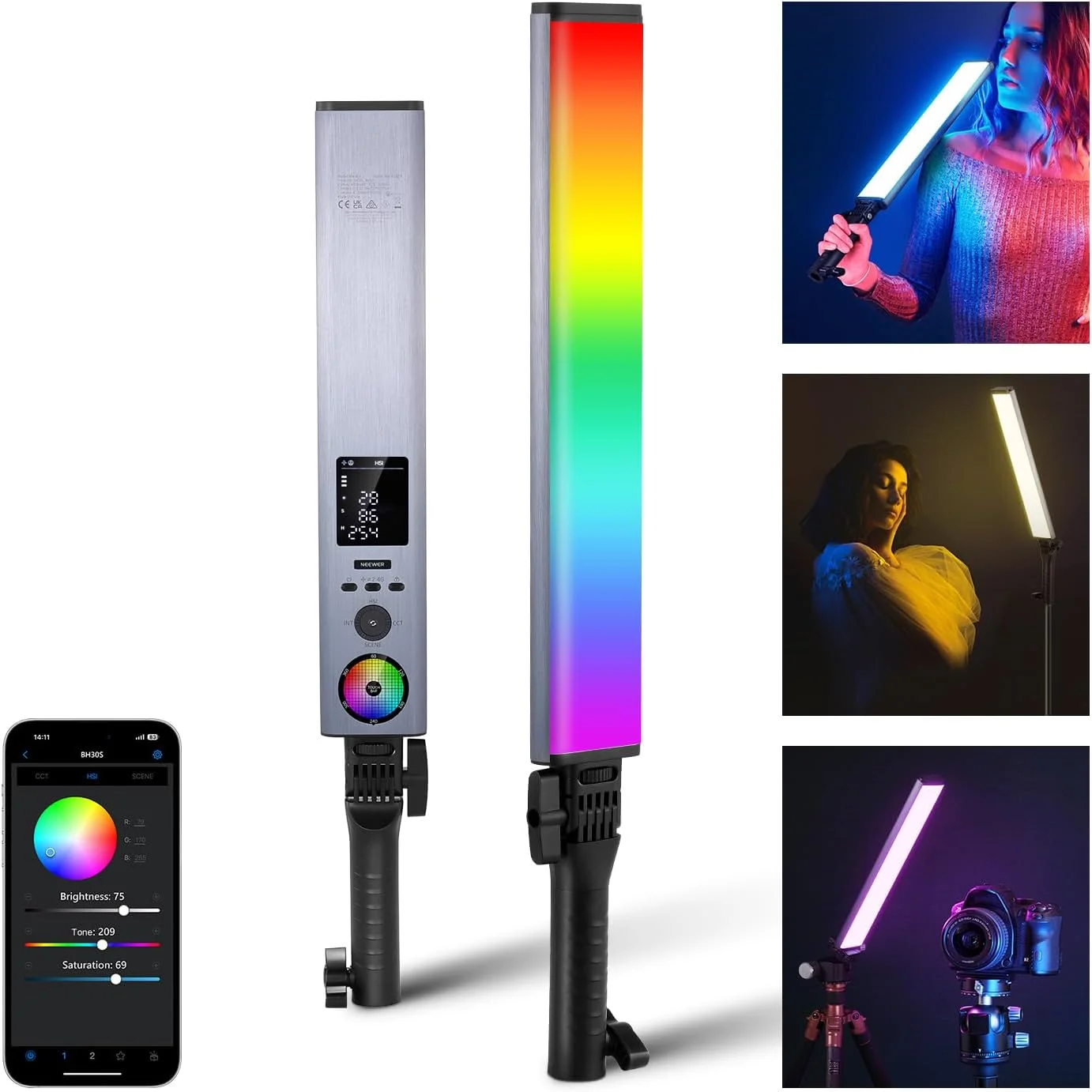 عصای نور RGB نیور با کنترل 2.4G/APP، میکسر رنگ RGBWW با قابلیت لمس 360 درجه، نورپردازی ویدیویی LED دستی با دمای رنگ 2500K-10000K، CRI/TLCI97+، 18 صحنه، باتری 7.4V/31Wh، BH30S