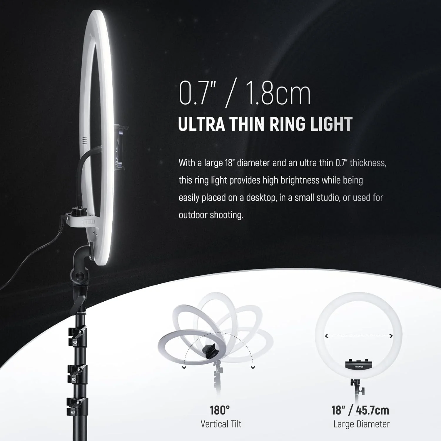 حلقه نور حرفه ای 18 اینچی NEEWER، حلقه نور فوق العاده نازک، 45 وات 2900K-7000K TLCI98، با سه پایه، شاتر از راه دور و کنترل برنامه، نورپردازی نرم تر برای سلفی TikTok، RP18B Pro سفید