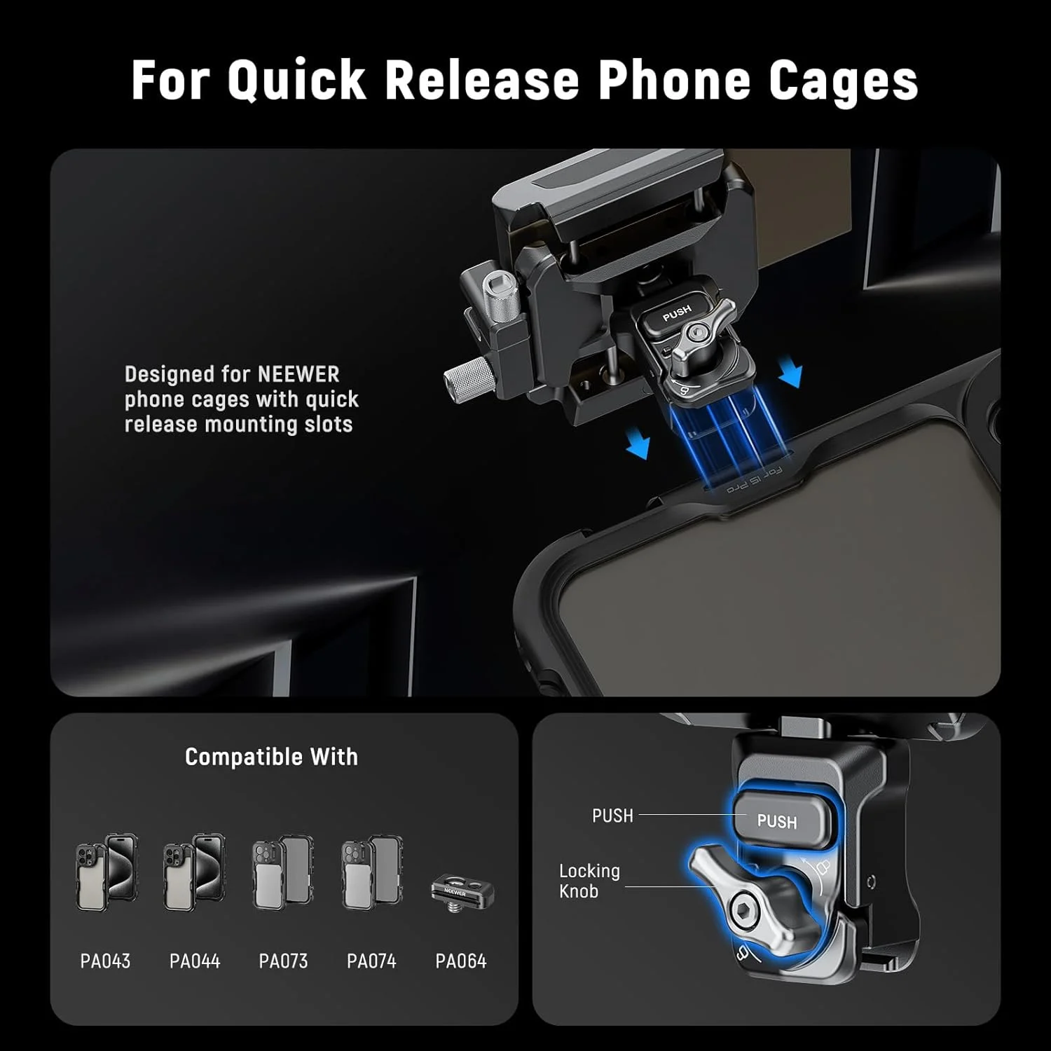 نگهدارنده SSD نیور 40-65 میلی‌متری با پایه نصب رهاسازی سریع SSD و گیره کابل سازگار با قفس تلفن SmallRig برای آیفون 16 پرو مکس 15 پرو مکس سامسونگ S24 Ultra T9 T7 T5 SanDisk، PA065