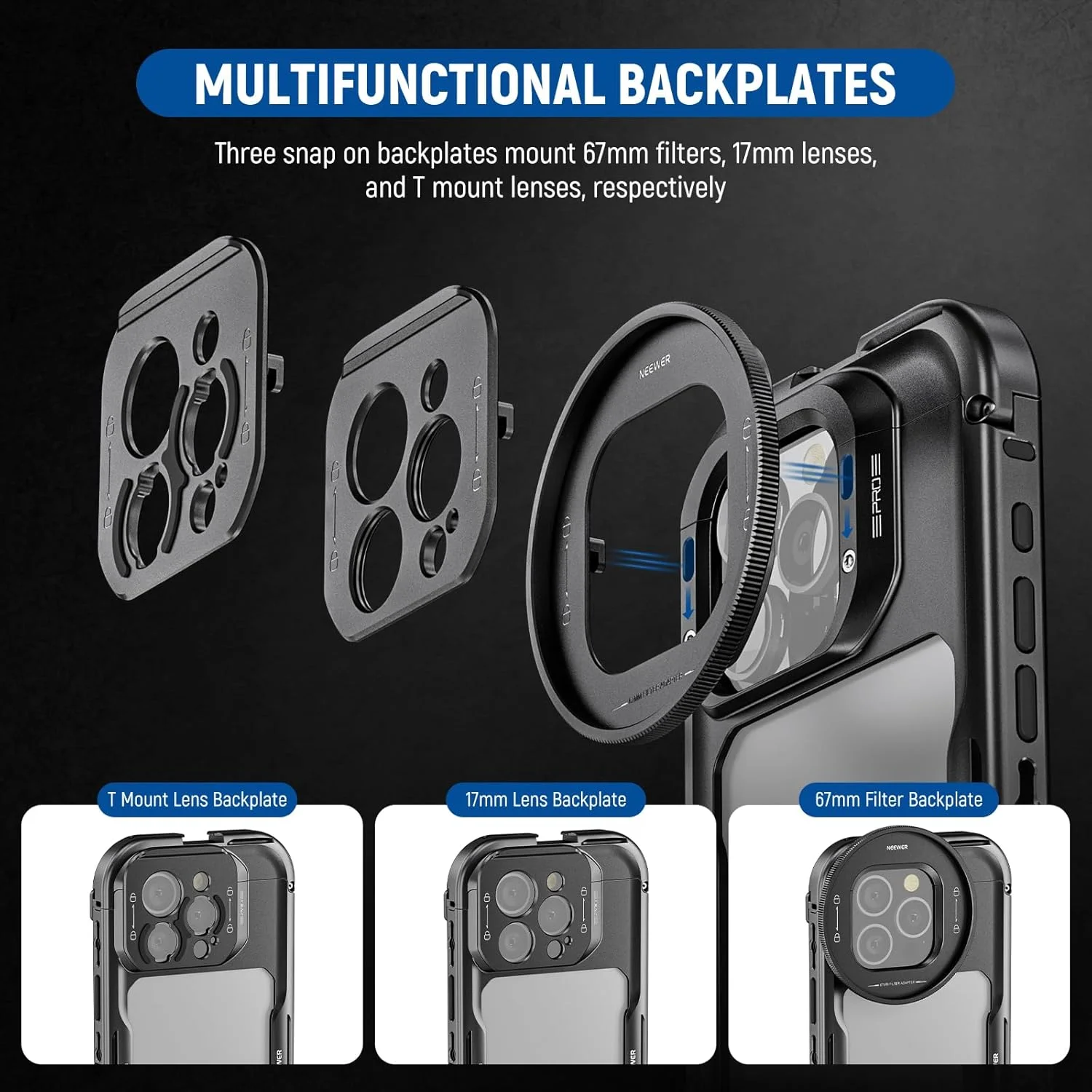 کیت قفس حرفه ای NEEWER 16 Pro با دو دسته جانبی رهاسازی سریع، کیت ریگ فیلمبرداری تلفن با آداپتور فیلتر 67 میلی متری، مانت لنز 17 میلی متری، آداپتور لنز T Mount سازگار با iPhone 16 Pro (PA073+PA045E+PA045B)