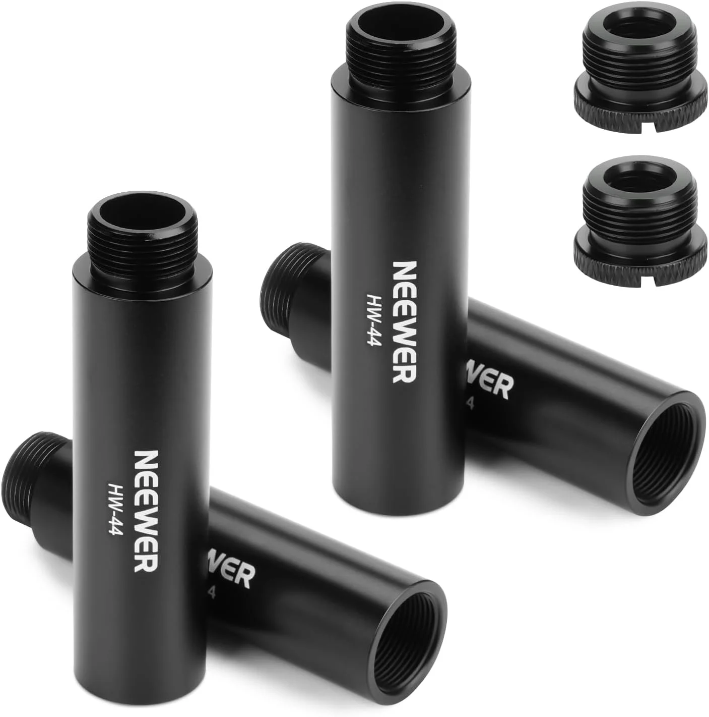 کیت لوازم جانبی افزایش طول پایه میکروفون نیور، 6 قطعه، لوله های بافر افزایش دهنده نگهدارنده میکروفون آلیاژ آلومینیوم و آداپتورهای نصب رزوه ای 5/8 اینچ نر به 3/8 اینچ ماده برای بازوی بوم پایه رومیزی، HW-44