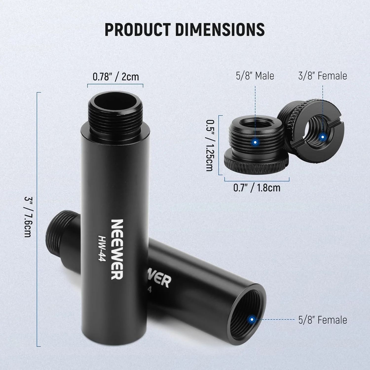 کیت لوازم جانبی افزایش طول پایه میکروفون نیور، 6 قطعه، لوله های بافر افزایش دهنده نگهدارنده میکروفون آلیاژ آلومینیوم و آداپتورهای نصب رزوه ای 5/8 اینچ نر به 3/8 اینچ ماده برای بازوی بوم پایه رومیزی، HW-44