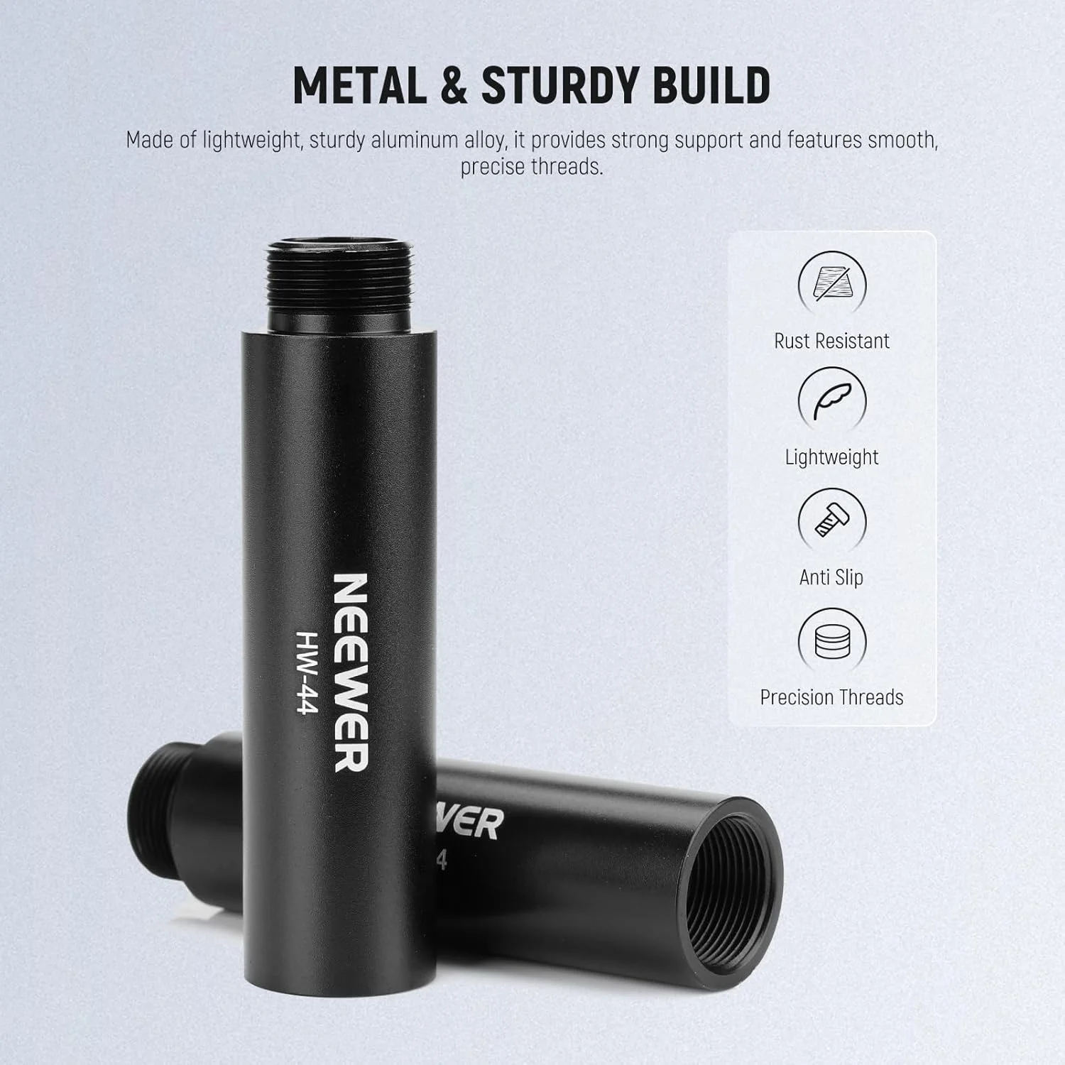 کیت لوازم جانبی افزایش طول پایه میکروفون نیور، 6 قطعه، لوله های بافر افزایش دهنده نگهدارنده میکروفون آلیاژ آلومینیوم و آداپتورهای نصب رزوه ای 5/8 اینچ نر به 3/8 اینچ ماده برای بازوی بوم پایه رومیزی، HW-44