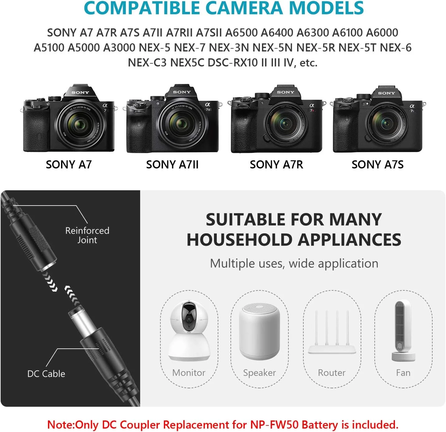کوپلر DC جایگزین باتری NP-FW50 به همراه کابل USB سازگار با Sony A7 A7R A7S A7II A7RII A7SII A6500 A6400 A6300 A6100 A6000 NEX5 NEX7 و غیره