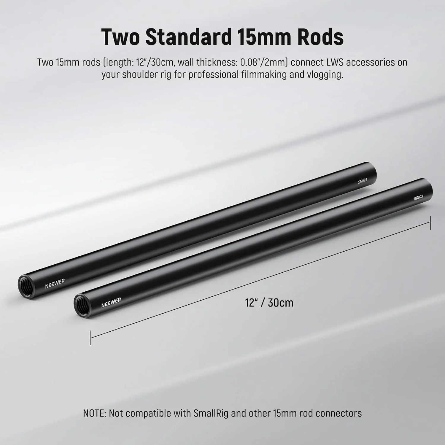 میله 15 میلی‌متری NEEWER (30 سانتی‌متر طول، بسته‌ی 2 عددی)، میله‌های اکستنشن 15 میلی‌متری آلیاژ آلومینیوم قابل افزایش طول برای سیستم ریل میله‌ای LWS 15 میلی‌متری، ریگ شانه‌ای، بیس پلیت ریگ ویدئویی، SR023