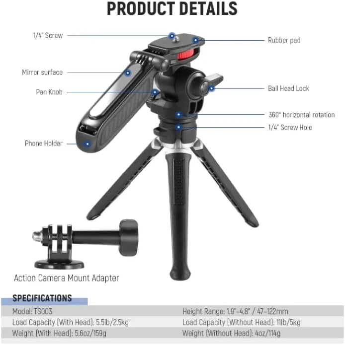 مینی سه پایه دوربین و گوشی نیوئر با دسته/نگهدارنده گوشی/آداپتور دوربین اکشن، چرخش 360 درجه
