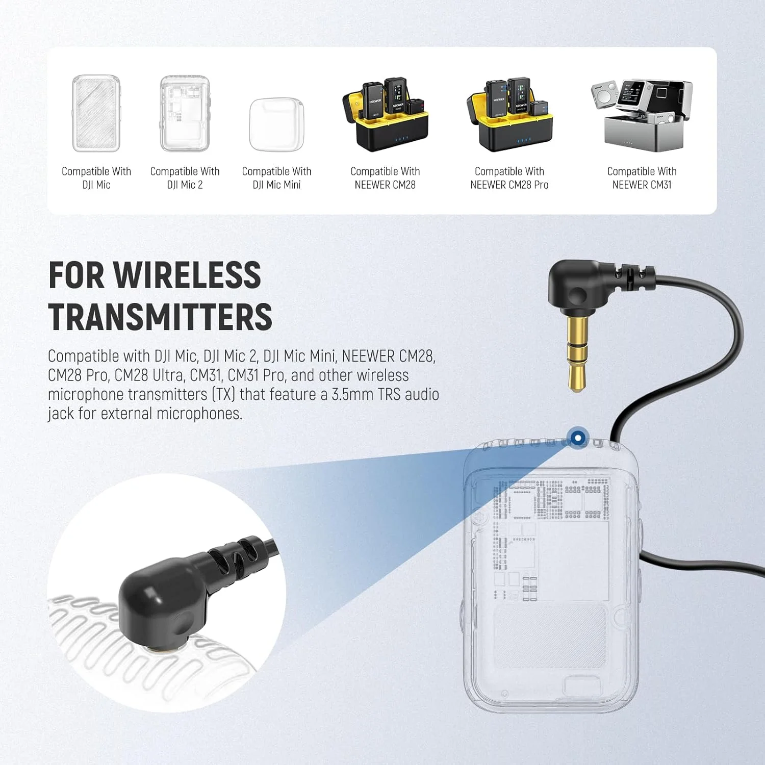 میکروفون یقه‌ای مینیاتوری NEEWER (بسته 2 عددی)، میکروفون کندانسور سیم‌دار گیره‌ای 2 متری با کانکتور 3.5 میلی‌متری TRS سازگار با DJI Mic 2 Rode Wireless Go II CM28 CM31 Camera, LM5
