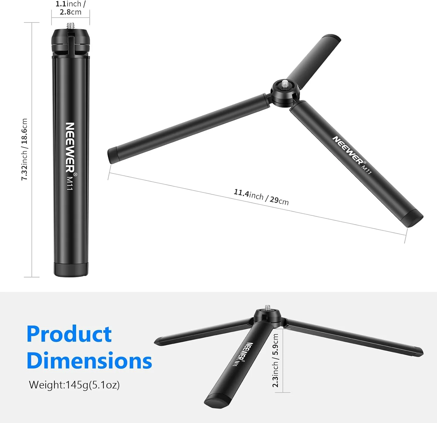 سه پایه فلزی کوچک NEEWER برای GoPro Insta360 DJI، پایه رومیزی، سه پایه رومیزی قابل حمل سازگار با دسته گیمبال، تثبیت کننده، دوربین DSLR