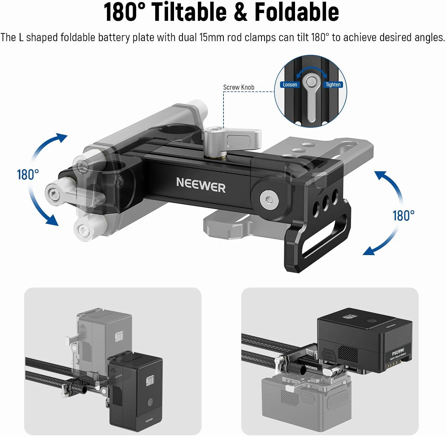 صفحه باتری مینی وی-مانت نیور با گیره های میله ای 15 میلی متری LWS، چرخش 180 درجه، تاشو، صفحه باتری وی-لاک L شکل با دکمه رهاسازی سریع، سازگار با SmallRig Shoulder Rig Sony FXLION