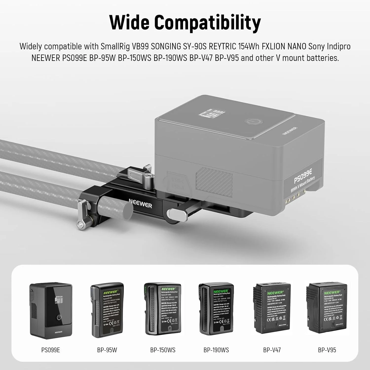 صفحه باتری مینی وی-مانت نیور با گیره های میله ای 15 میلی متری LWS، چرخش 180 درجه، تاشو، صفحه باتری وی-لاک L شکل با دکمه رهاسازی سریع، سازگار با SmallRig Shoulder Rig Sony FXLION