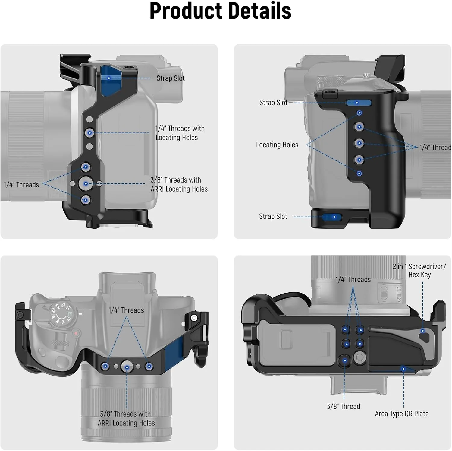محافظ دوربین NEEWER R50 سازگار با Canon EOS R50، ریگ ویدیویی آلومینیومی با ریل NATO، رزوه های 1/4 اینچ، سوراخ های ARRI 3/8 اینچ، کفشک سرد، ضد پیچش، سازگار با گیمبال های DJI سیستم QR نوع Arca، CA031