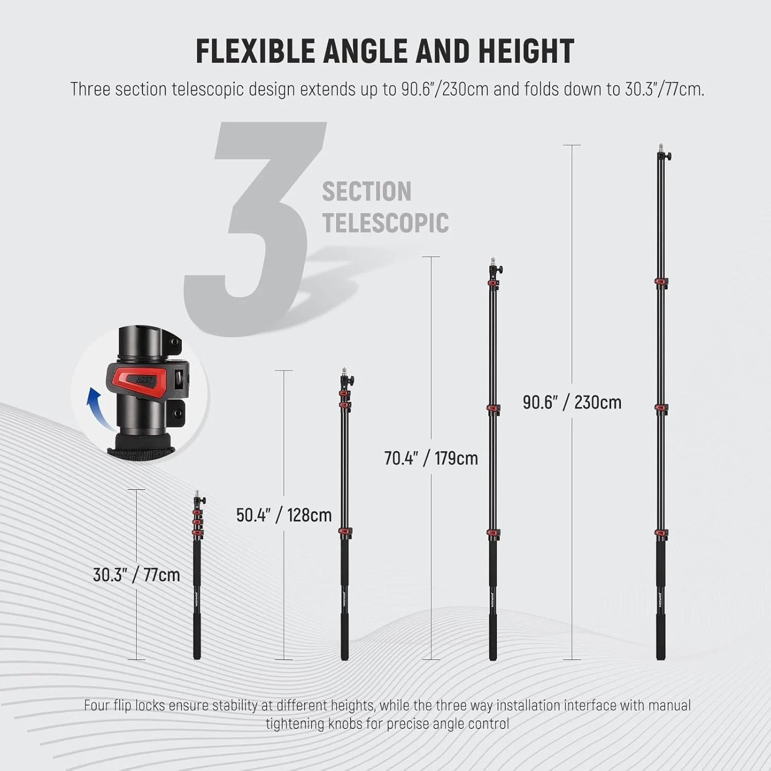 پایه بوم 230 سانتیمتری NEEWER، پایه نور تلسکوپی آلومینیومی قابل حمل با پیچهای 1/4، 3/8 و 5/8 اینچ، قفل چرخشی و بند شانه برای فلاش استروب و میکروفون، حداکثر تحمل وزن 5 کیلوگرم، مدل MS-230C پایه بوم 230 سانتیمتری NEEWER، پایه نور تلسکوپی آلومینیومی قابل حمل با پیچهای 1/4، 3/8 و 5/8 اینچ، قفل چرخشی و بند شانه برای فلاش استروب و میکروفون، حداکثر تحمل وزن 5 کیلوگرم، مدل MS-230C
