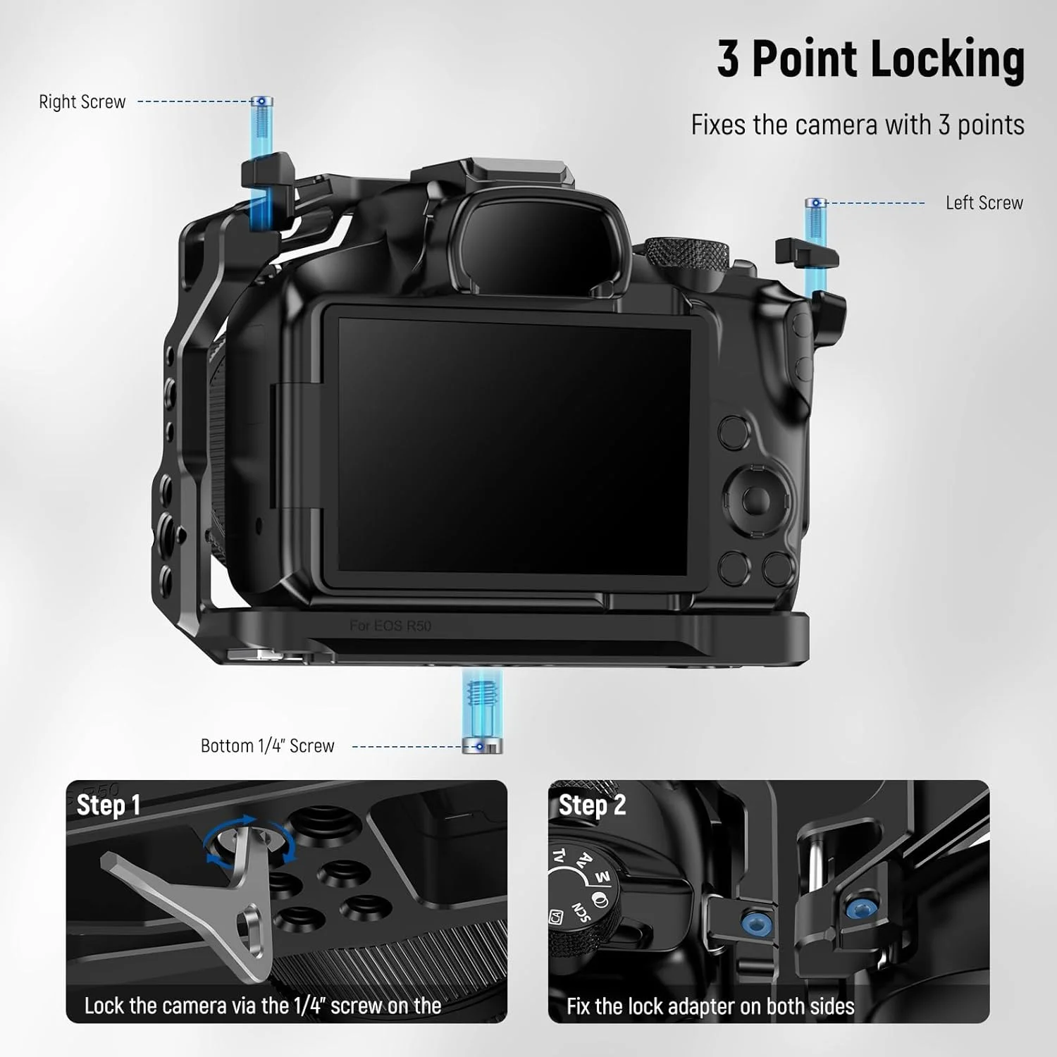 محافظ دوربین NEEWER R50 سازگار با Canon EOS R50، ریگ ویدیویی آلومینیومی با ریل NATO، رزوه های 1/4 اینچ، سوراخ های ARRI 3/8 اینچ، کفشک سرد، ضد پیچش، سازگار با گیمبال های DJI سیستم QR نوع Arca، CA031