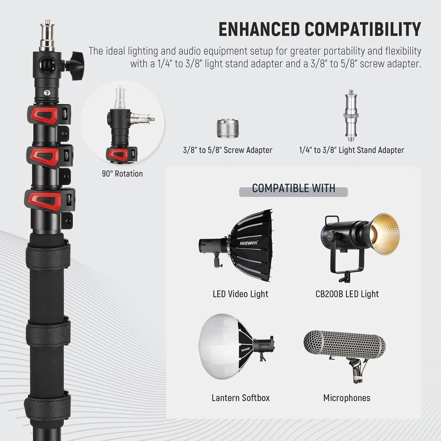 پایه بوم 230 سانتیمتری NEEWER، پایه نور تلسکوپی آلومینیومی قابل حمل با پیچهای 1/4، 3/8 و 5/8 اینچ، قفل چرخشی و بند شانه برای فلاش استروب و میکروفون، حداکثر تحمل وزن 5 کیلوگرم، مدل MS-230C پایه بوم 230 سانتیمتری NEEWER، پایه نور تلسکوپی آلومینیومی قابل حمل با پیچهای 1/4، 3/8 و 5/8 اینچ، قفل چرخشی و بند شانه برای فلاش استروب و میکروفون، حداکثر تحمل وزن 5 کیلوگرم، مدل MS-230C