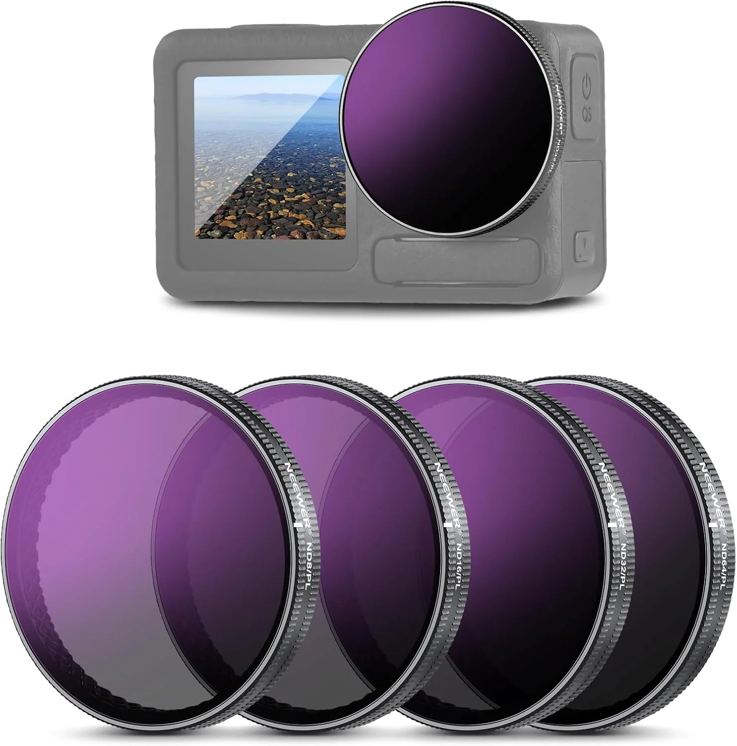 مجموعه فیلتر ND/PL نیوئر سازگار با DJI Osmo Action 3/4/5 Pro، بسته 4 عددی ND8/PL+ND16/PL+ND32/PL+ND64/PL فیلتر خاکستری، لوازم جانبی دوربین اکشن، شیشه HD اپتیکال چند لایه، FL-A77