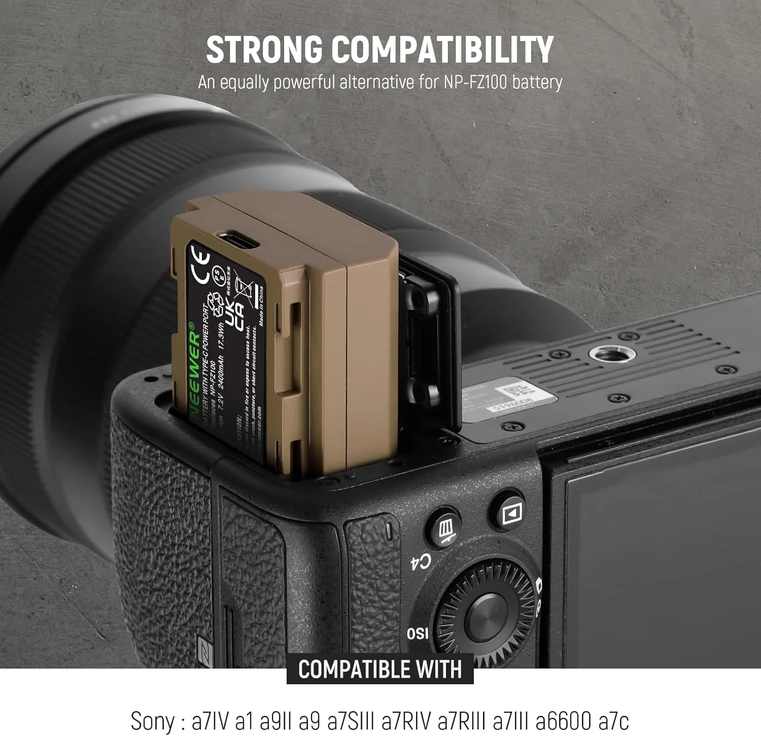 باتری جایگزین 2400mAh NP-FZ100 نیوئر، شارژ سریع 2.5 ساعته Type C، باتری قابل شارژ دوربین برای Sony FX3 FX30 ZV-E1 A1 A6600 A6700 A7III A7IV A7C A7CII A7CR A7RIII A7RIV A7RV A7SIII A9 A9II