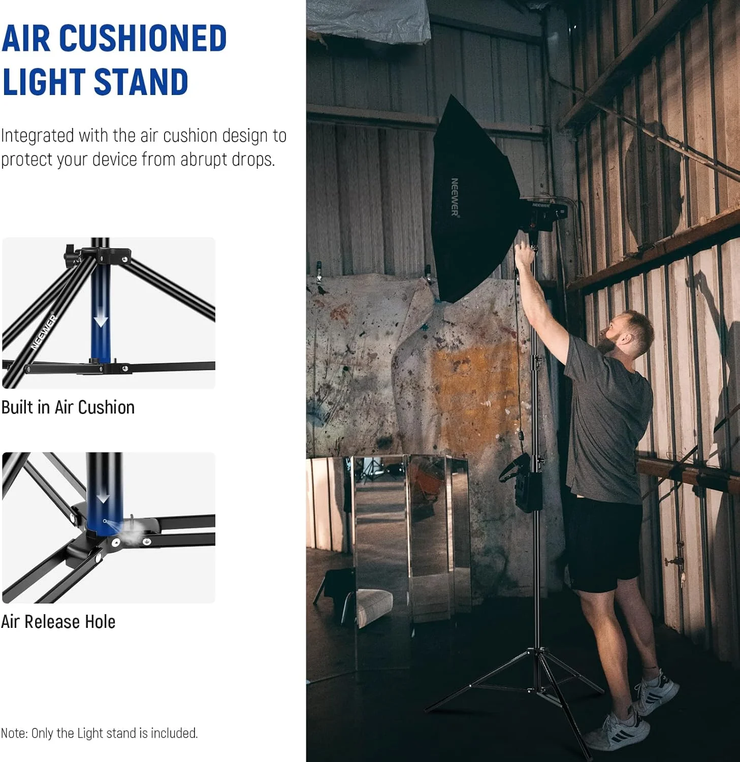 پایه نور بادی 2.6 متری نیور مدل ST-260AC، سه پایه فلزی سنگین با پیچ 1/4 اینچ به 3/8 اینچ برگشت پذیر، رابط نصب سه طرفه و دستگیره های قفل فلزی، حداکثر بار 2.5 کیلوگرم