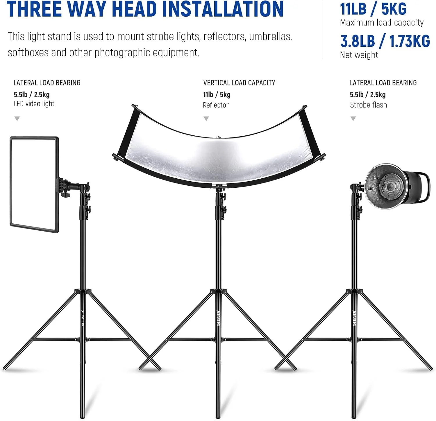 پایه نور بادی 2.6 متری نیور مدل ST-260AC، سه پایه فلزی سنگین با پیچ 1/4 اینچ به 3/8 اینچ برگشت پذیر، رابط نصب سه طرفه و دستگیره های قفل فلزی، حداکثر بار 2.5 کیلوگرم