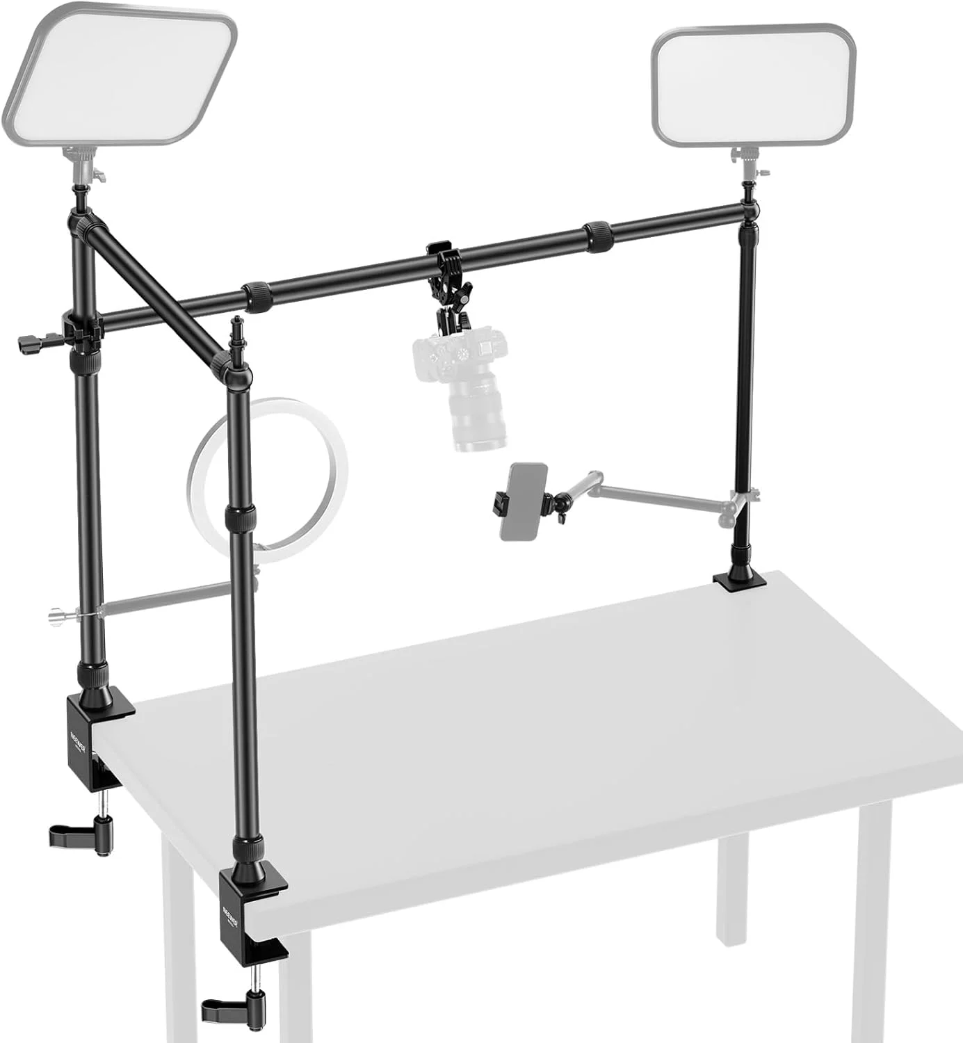 پایه نگهدارنده دوربین بالای سر نیوئر با گیره سوپر توپی دوتایی/نگهدارنده تلفن/گیره C برای عکس های دسکتاپ از بالا به پایین، پلتفرم نصب چند دستگاه فلزی برای عکاسی، پخش زنده و ساخت ویدیو، NK003