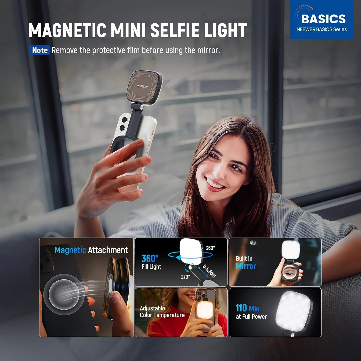 نور سلفی مغناطیسی نیور بیسیکس سازگار با آیفون MagSafe، چراغ حلقه ای کوچک LED رومیزی با آینه/دستمال تمیز کننده برای کنفرانس ویدیویی، آرایش، ضبط زوم، مشکی NL48B
