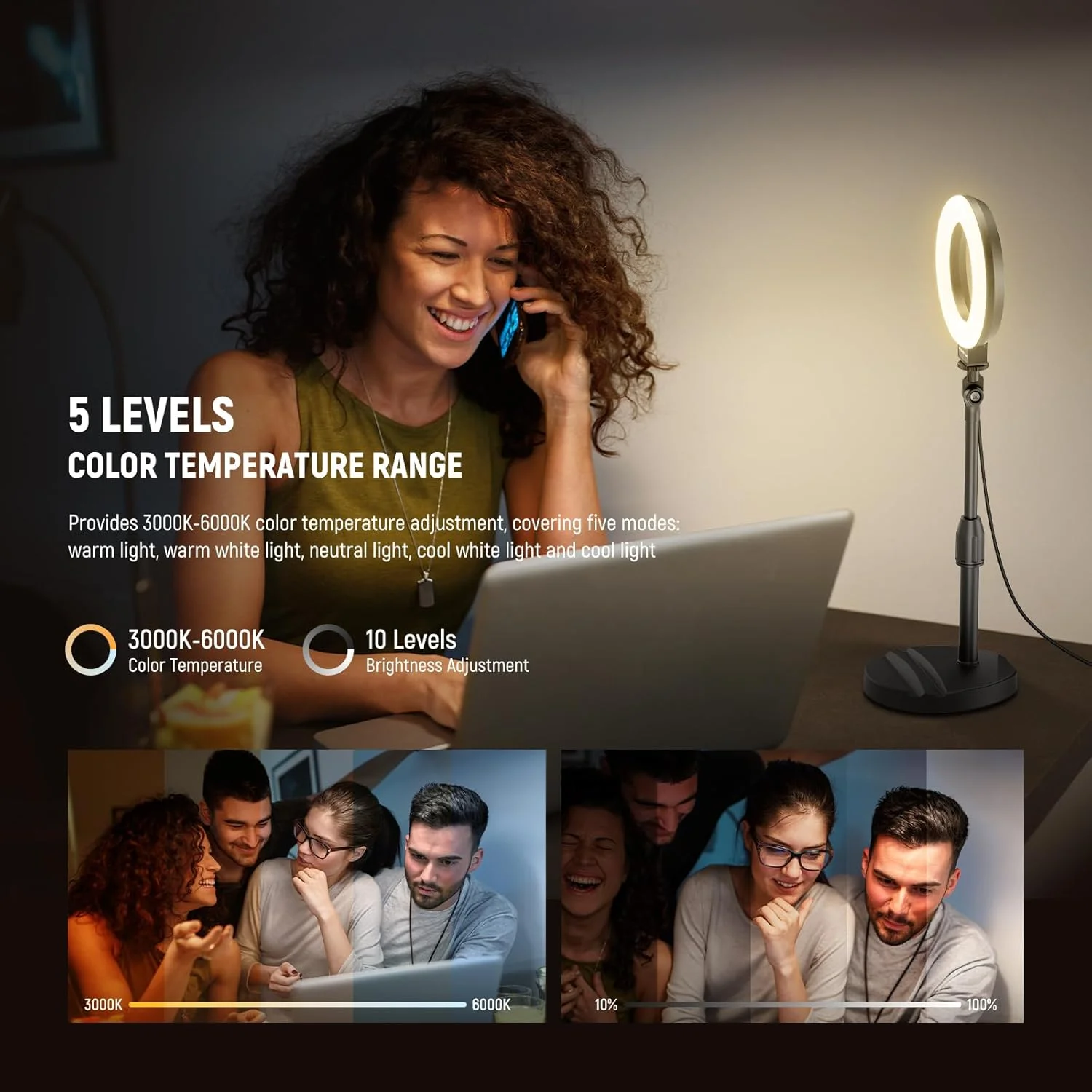 نور حلقه ای رومیزی NEEWER BASICS با پایه و نگهدارنده گوشی، نور سلفی LED 10 واتی سازگار با آیفون برای ضبط ویدیو، وب کم لپ تاپ، نورپردازی کنفرانس ویدیویی، آرایش، مشکی BR60