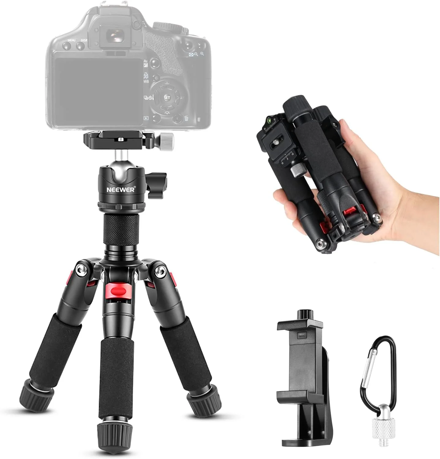 سه پایه رومیزی کوچک دوربین NEEWER با نگهدارنده تلفن همراه سازگار با آیفون برای ضبط فیلم، پایه وب کم دوربین فیلمبرداری DSLR قابل حمل کوچک 20 اینچی/50 سانتی متری، هد توپی 360 درجه صفحه QR 1/4 اینچی، TP-AAM521