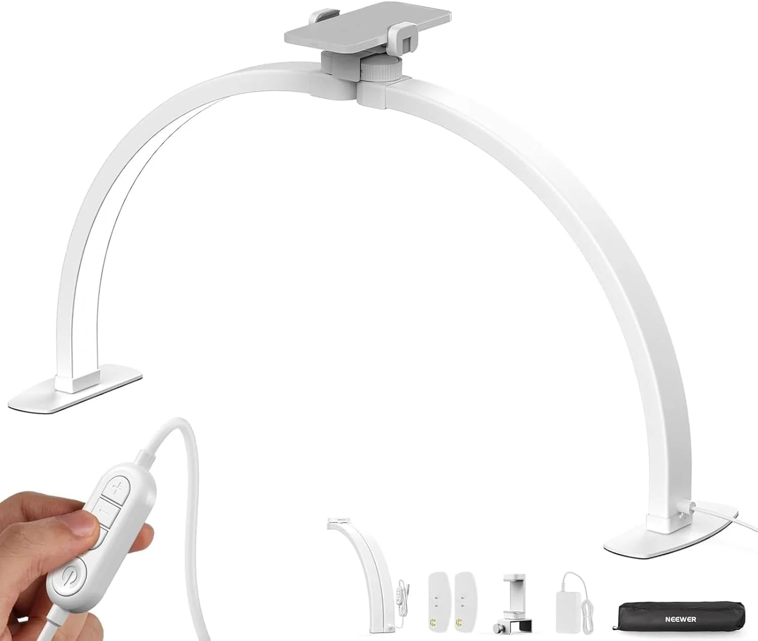 چراغ نیمه ماه ناخن NEEWER BASICS 29 اینچی برای میز، لامپ کمانی تاشو 36 واتی برای میز ناخن کار، چراغ LED نیم حلقه ای مانیکور با نگهدارنده تلفن برای آرایش، خالکوبی، ضبط ویدیویی از بالا، HM02-D