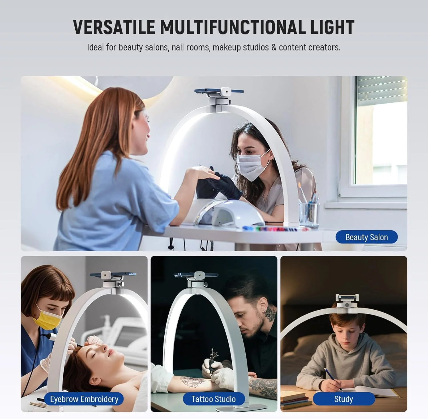 چراغ نیمه ماه ناخن NEEWER BASICS 29 اینچی برای میز، لامپ کمانی تاشو 36 واتی برای میز ناخن کار، چراغ LED نیم حلقه ای مانیکور با نگهدارنده تلفن برای آرایش، خالکوبی، ضبط ویدیویی از بالا، HM02-D