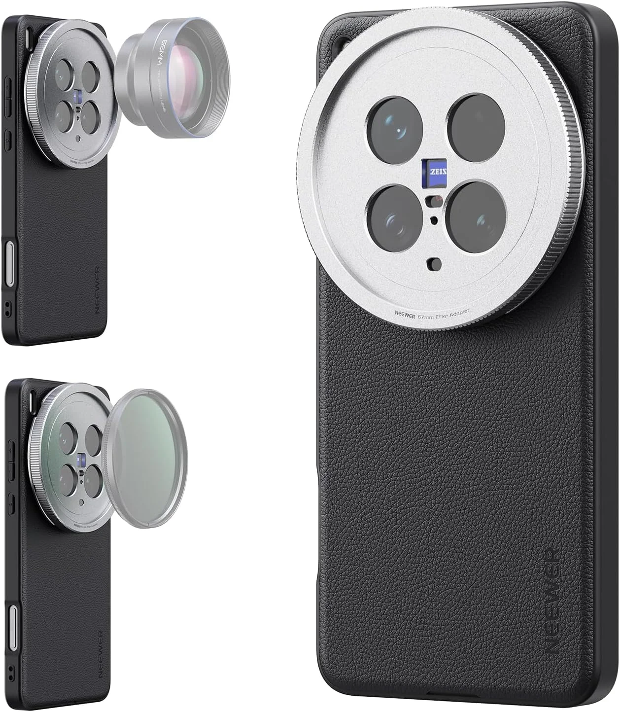 کاور محافظ گوشی NEEWER X200 Ultra، سازگار با VIVO X200 Ultra، TPU بادوام + چرم مصنوعی PC با مانت لنز 17 میلی‌متری و آداپتور فیلتر 67 میلی‌متری برای شارژ بی‌سیم، PA115 مشکی + نقره‌ای