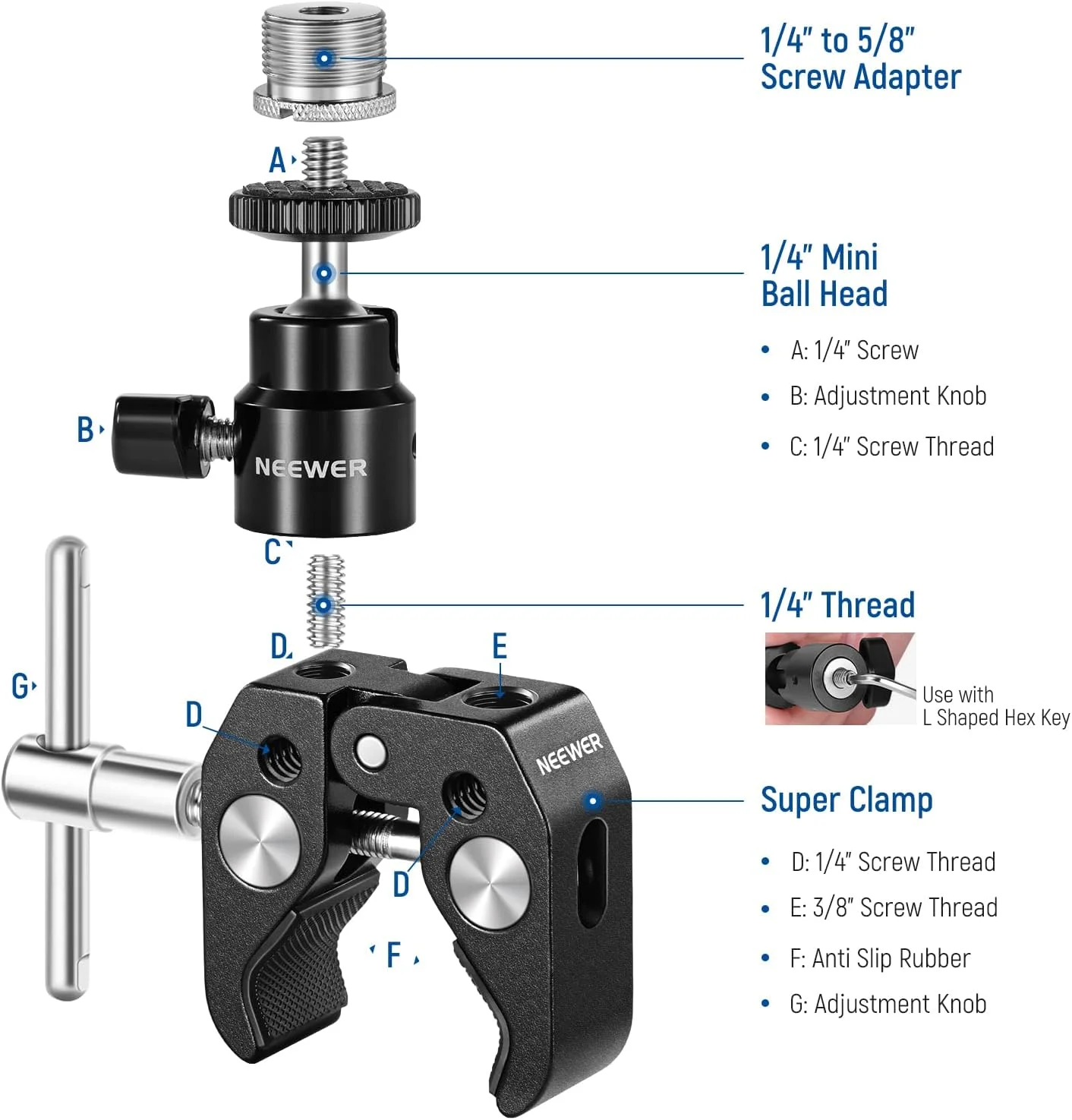 گیره خرچنگی NEEWER با سر توپی کوچک مفصلی، گیره سوپر مانت میکروفون با رزوه 1/4 اینچ به 5/8 اینچ برای میکروفون ها، تحمل وزن تا 1.5 کیلوگرم (ST48)