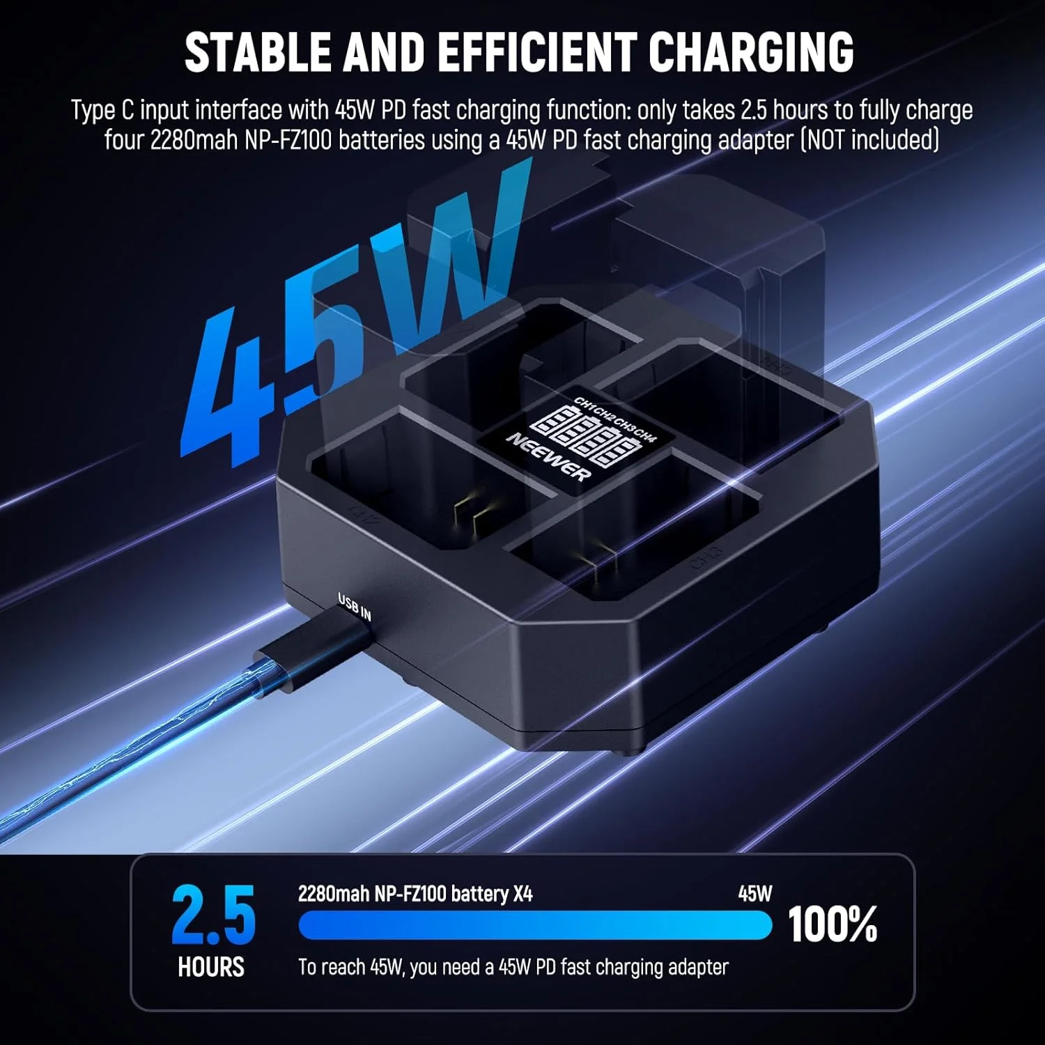 شارژر 4 کاناله NP-FZ100 نیور سازگار با Sony A7 IV A9iii A1 A7R V A7Cii A6700 ZV-E1 FX3 FX30، شارژر باتری NP-FZ100 با شارژ سریع 45 واتی PD با نمایشگر باتری، کابل USB C PD 45 واتی، NW-Z4 شارژر 4 کاناله NP-FZ100 نیور سازگار با Sony A7 IV A9iii A1 A7R V A7Cii A6700 ZV-E1 FX3 FX30، شارژر باتری NP-FZ100 با شارژ سریع 45 واتی PD با نمایشگر باتری، کابل USB C PD 45 واتی، NW-Z4