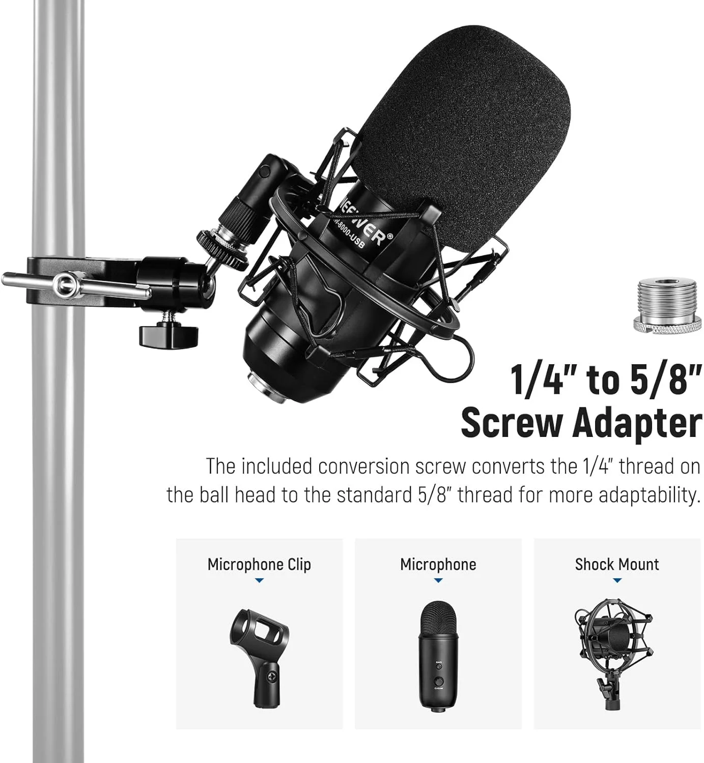 گیره خرچنگی NEEWER با سر توپی کوچک مفصلی، گیره سوپر مانت میکروفون با رزوه 1/4 اینچ به 5/8 اینچ برای میکروفون ها، تحمل وزن تا 1.5 کیلوگرم (ST48)