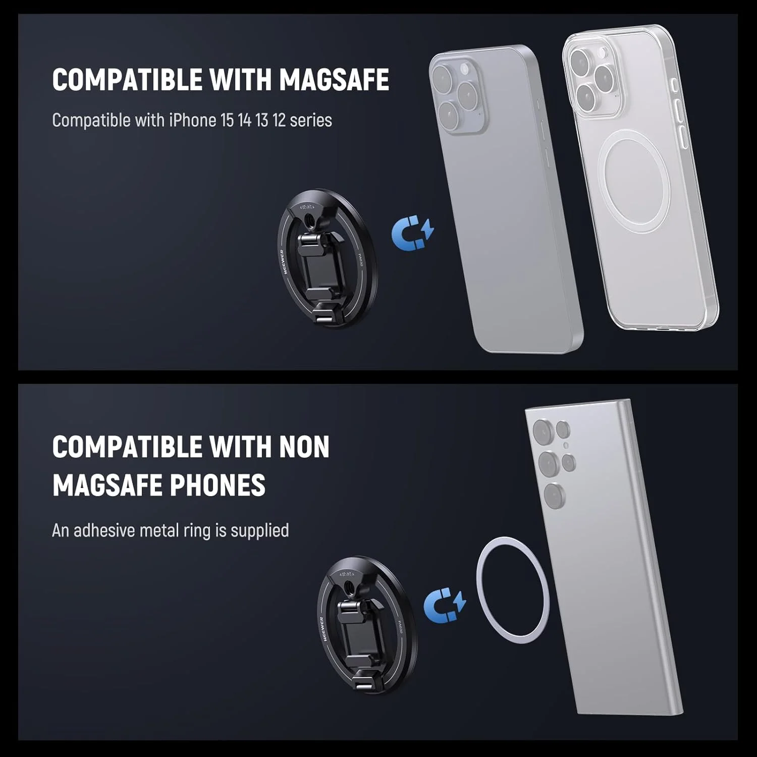 نگهدارنده مغناطیسی گوشی موبایل نیور سازگار با آیفون 16 15 پرو مکس پلاس سامسونگ گلکسی گوگل پیکسل، هولدر گوشی با کفشک سرد و رزوه ¼ اینچی و حلقه چسبی برای ضبط ویدیو، PA030