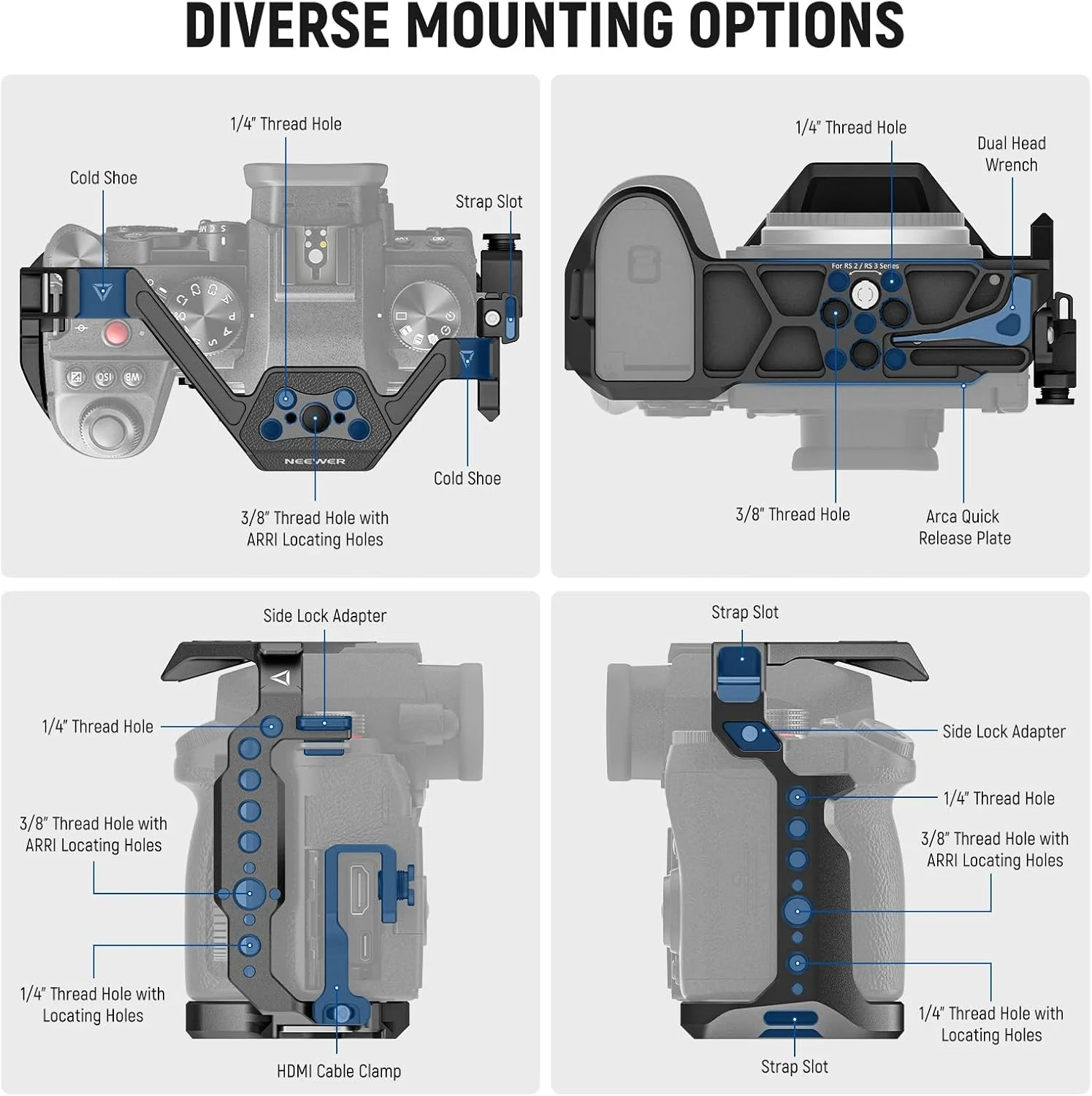 محافظ دوربین NEEWER G9 II S5 II Cage S5 IIX با بست کابل HDMI، ریل ناتو، پایه QR Arca، رزوه 3/8 اینچی ARRI، رزوه 1/4 اینچی، کفشک سرد، سازگار با Panasonic LUMIX S5 II/S5 IIX DJI RS2 RS3 Gimbal، CA020