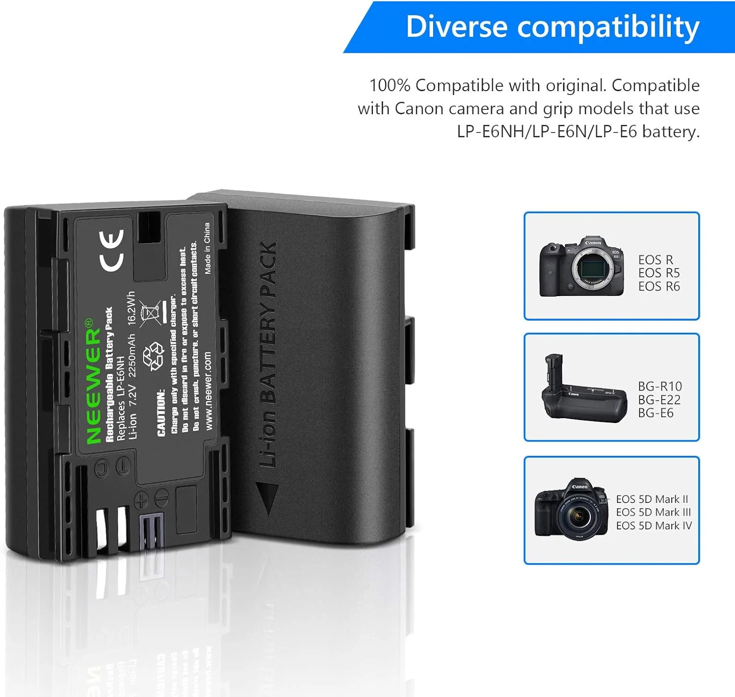 باتری قابل شارژ جایگزین NEEWER LP-E6NH سازگار با Canon EOS R7, EOS R5, EOS R6 R6 II, EOS R, 5D II III IV, 6D, 6D II, 7D, 7D II, 70D, 80D, 90D (بسته 2 عددی، درگاه Micro USB)